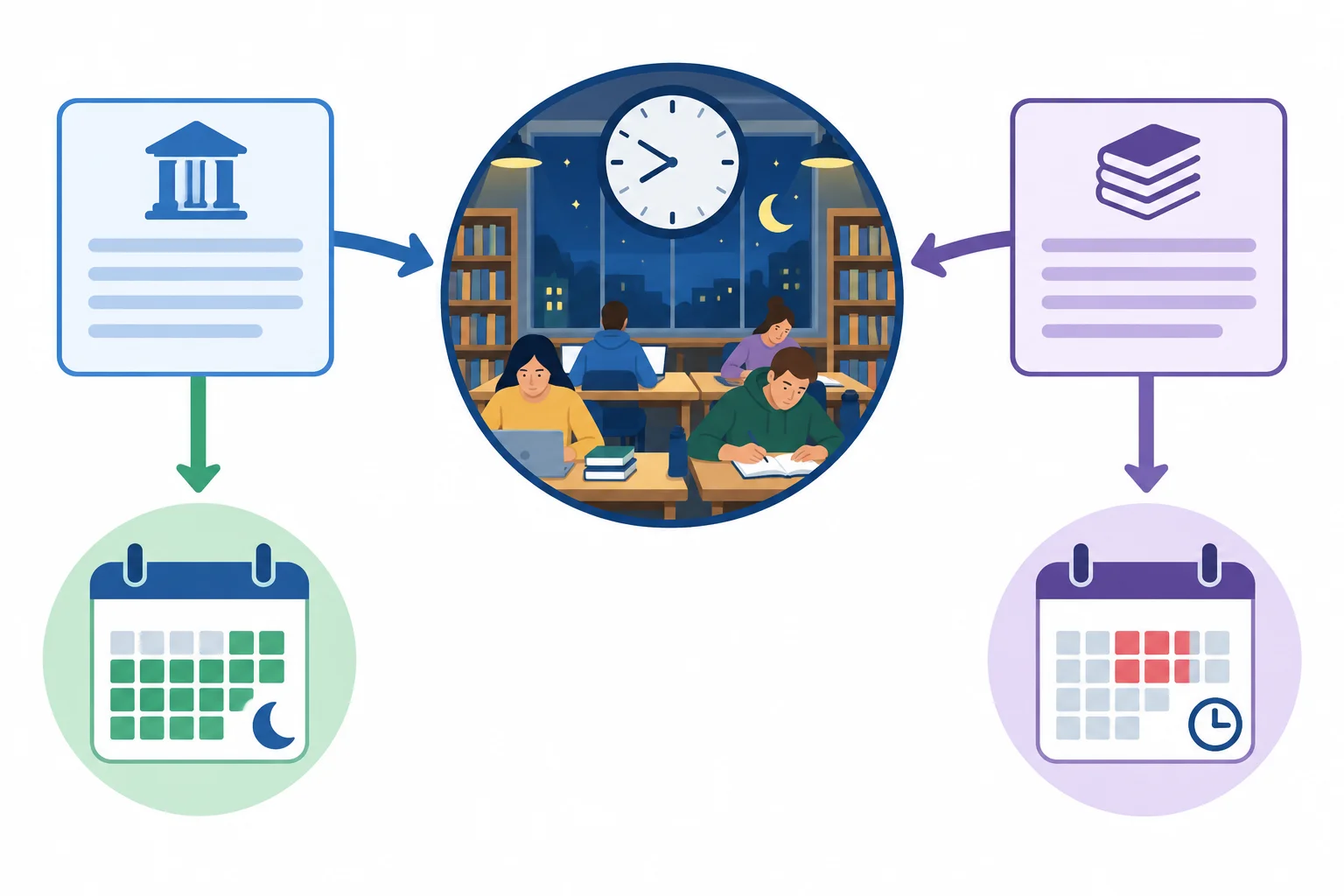 Diagrama com duas fontes ligadas ao mesmo fato sobre horário estendido da biblioteca e a recomendações diferentes.