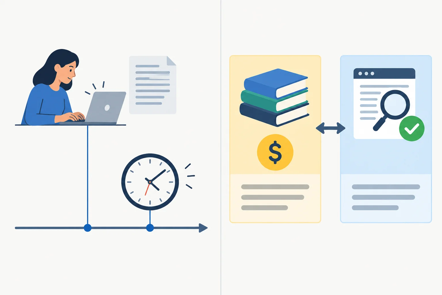 Diagrama dividido: à esquerda, duas ações acontecendo ao mesmo tempo em uma linha do tempo; à direita, duas fontes comparadas lado a lado.