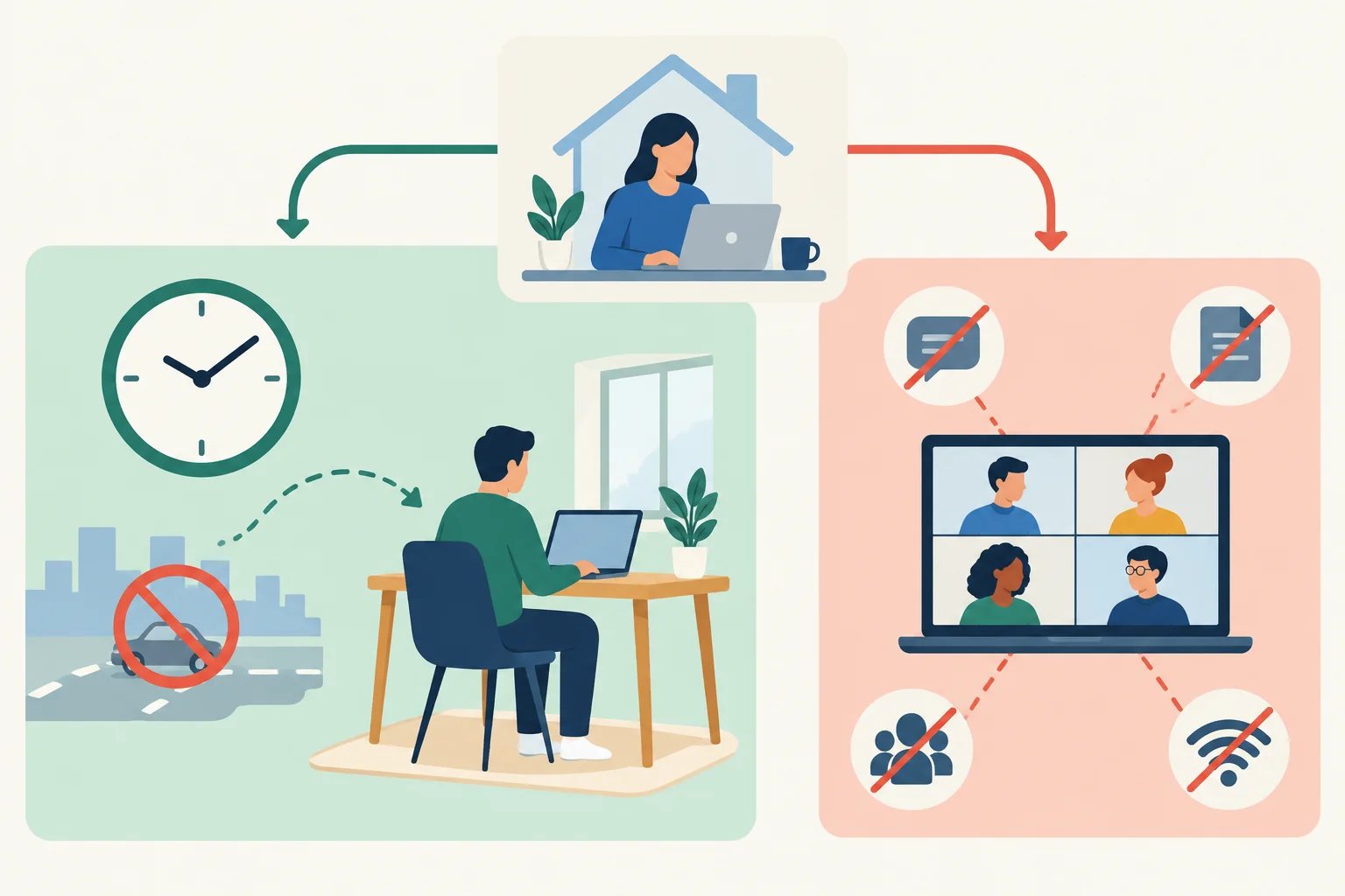 Diagrama com uma questão central sobre trabalho remoto e dois aspectos relacionados: tempo de deslocamento e colaboração online.