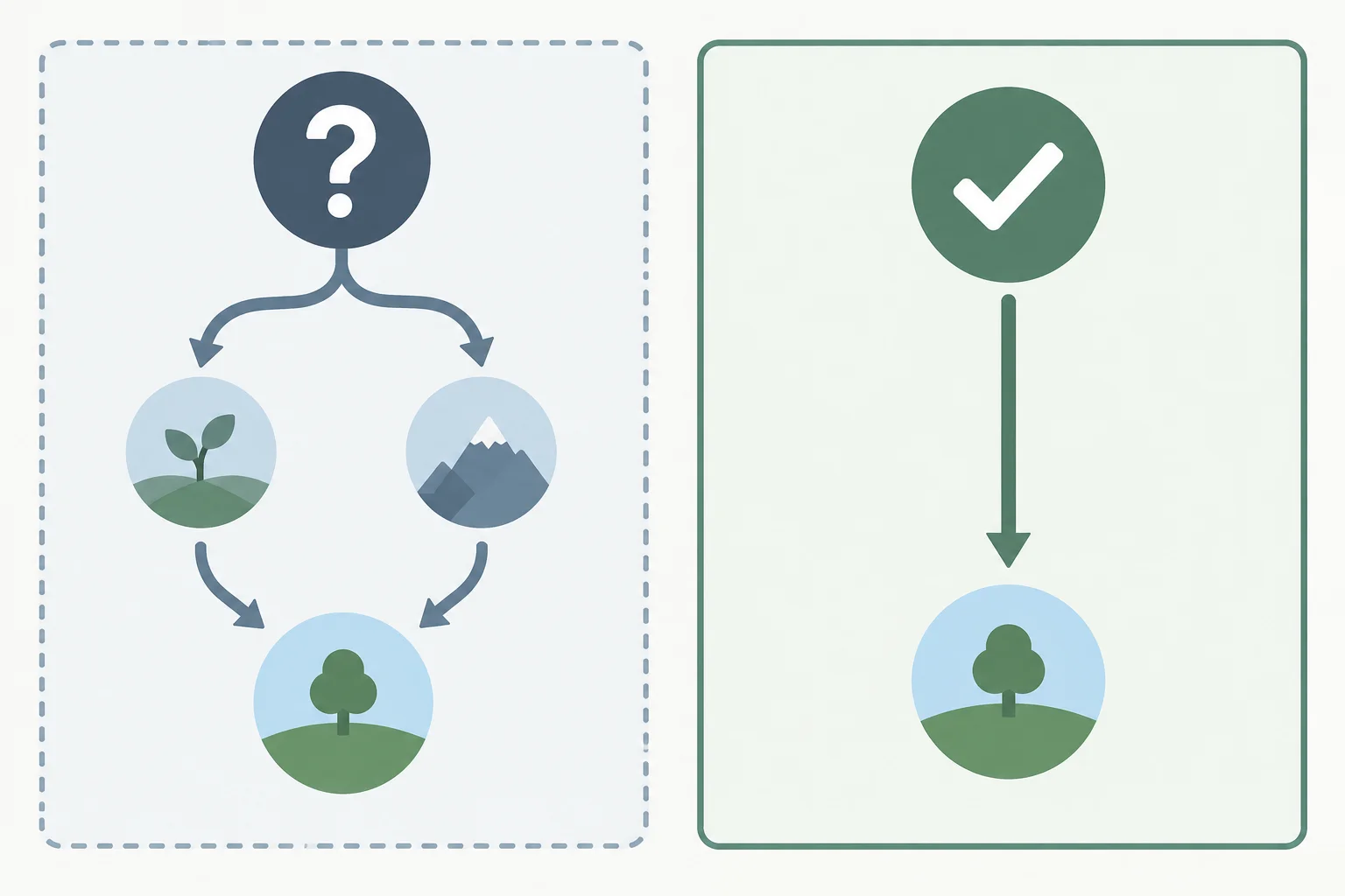 Diagrama comparando um cenário possível, indicado por ponto de interrogação, e um fato reconhecido, indicado por marca de verificação; ambos levam a uma conclusão que se mantém.