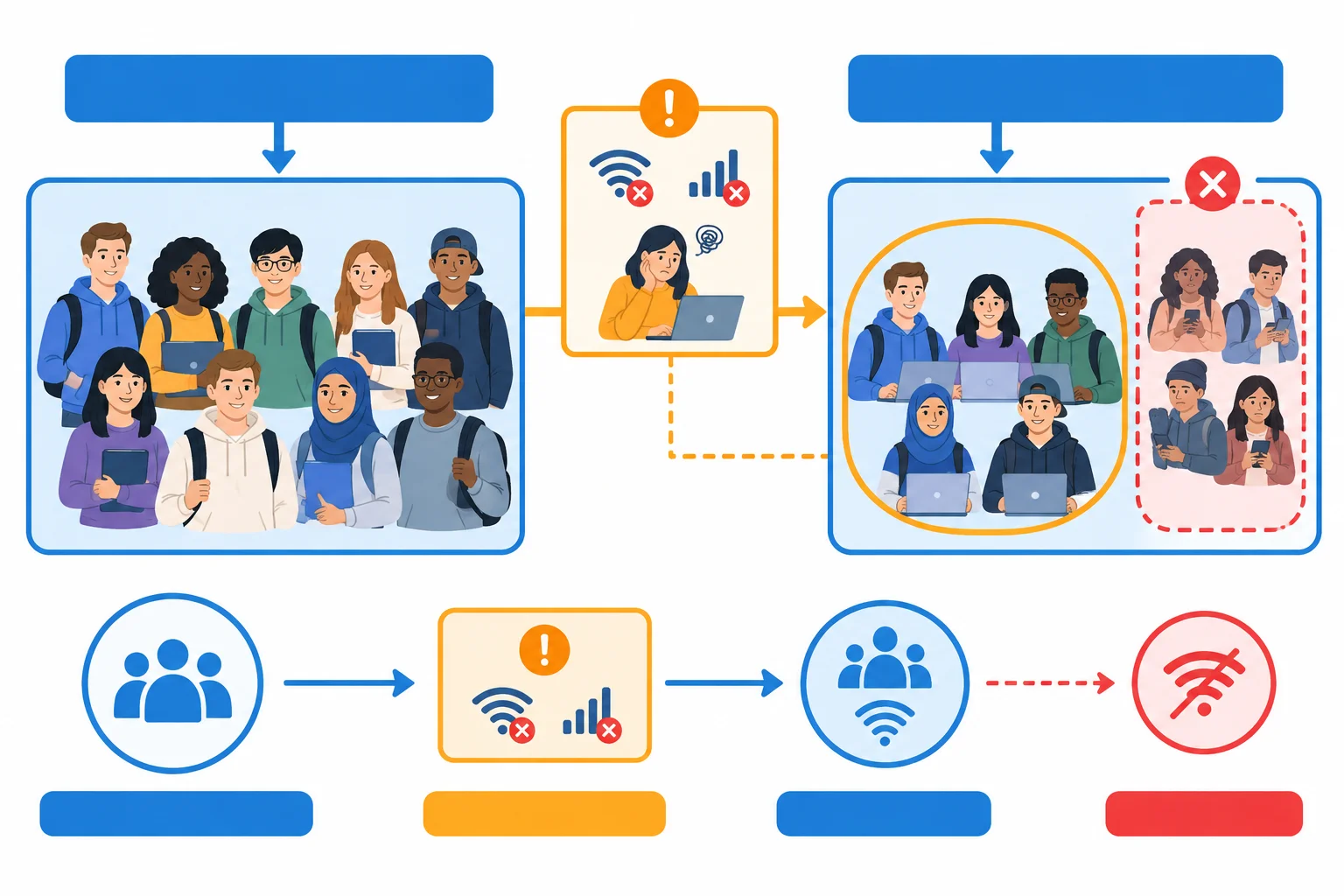 Diagrama mostra uma tese que abrangia todos os estudantes sendo restringida aos estudantes com acesso confiável à internet após uma objeção.
