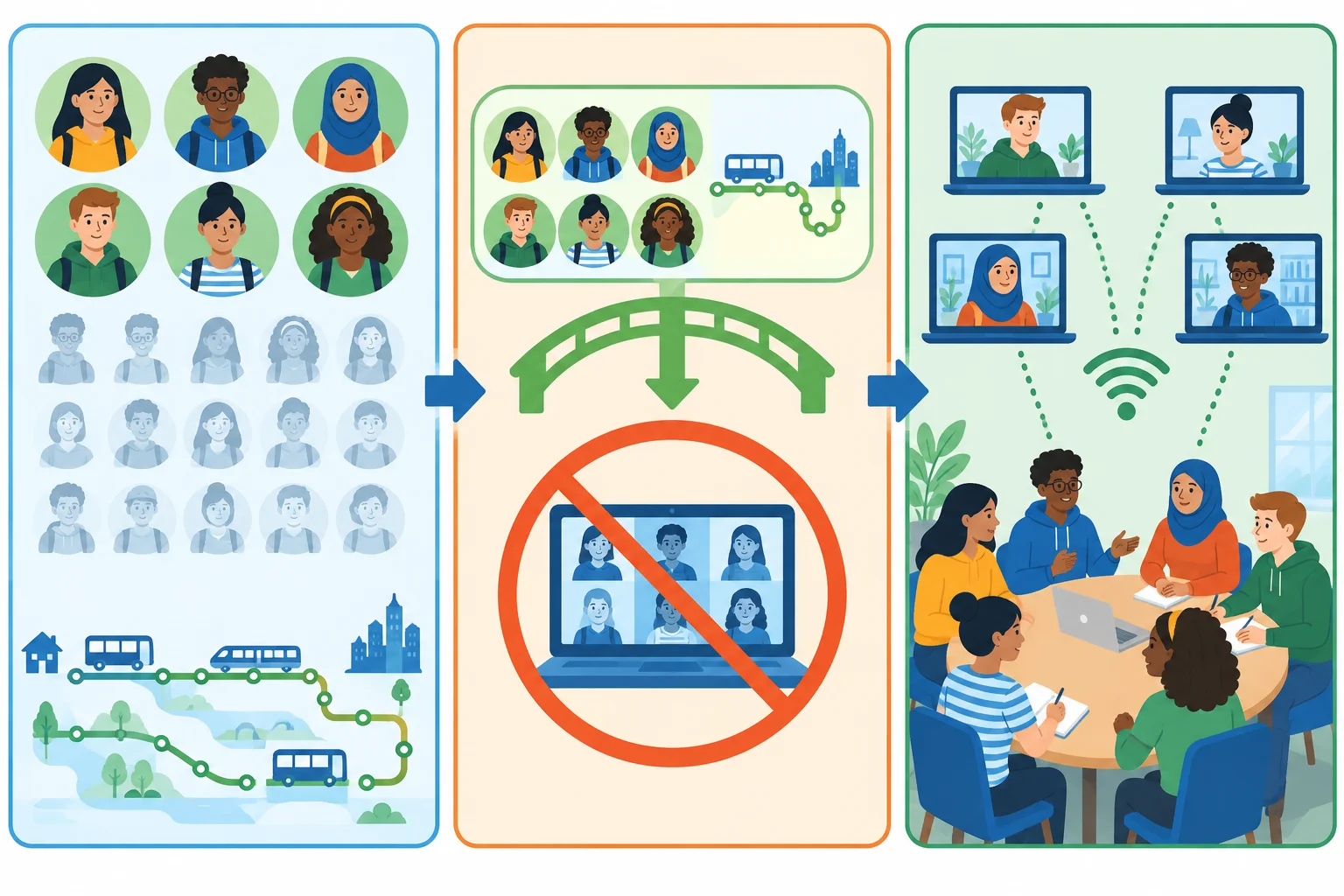 Esquema visual: reconhecer o deslocamento longo de parte do grupo, questionar a conclusão de que tudo deve ser on-line e chegar a uma solução híbrida.