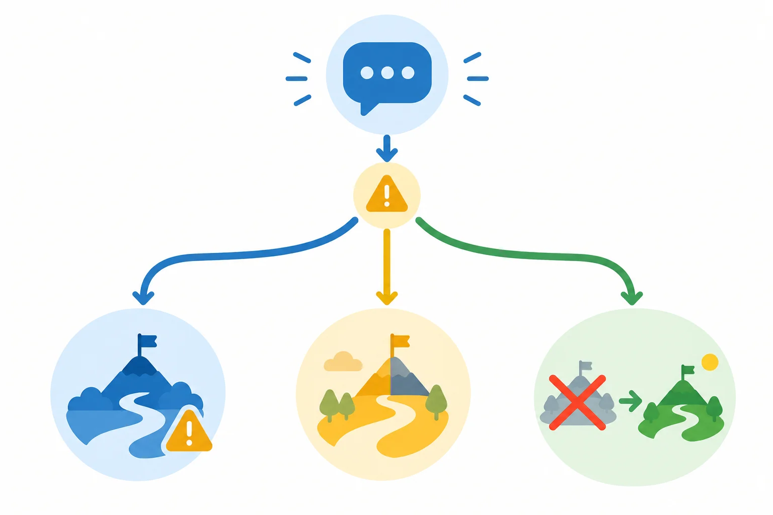 Diagrama com uma preocupação reconhecida e três caminhos finais: posição mantida com ressalva, posição ajustada e posição abandonada.