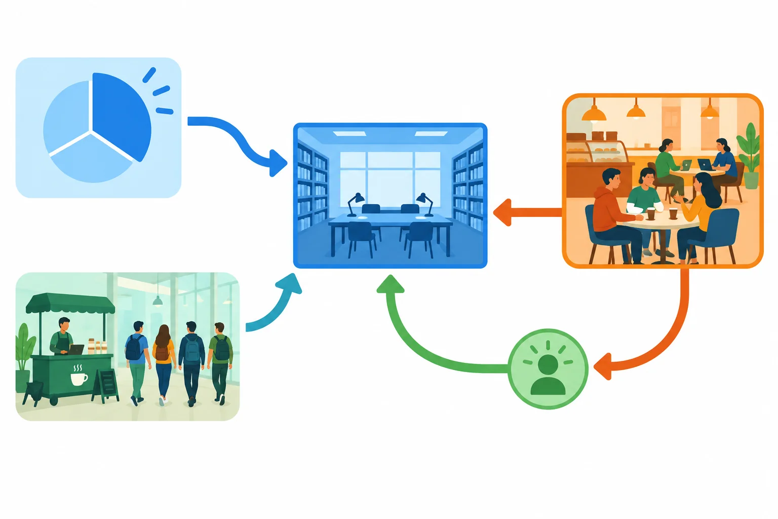 Diagrama com dois apoios que levam à manutenção da sala de estudos, uma objeção sobre o café e uma concessão antes da resposta final.