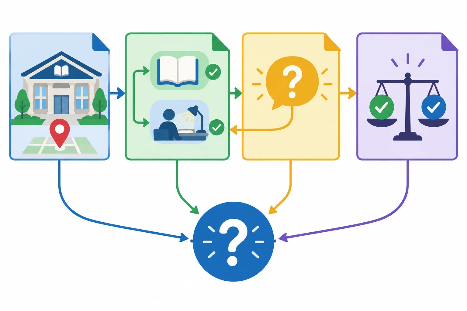 Diagrama em fluxo com quatro blocos conectados: contexto e posição, razões apoiadas, contraponto tratado e fechamento.