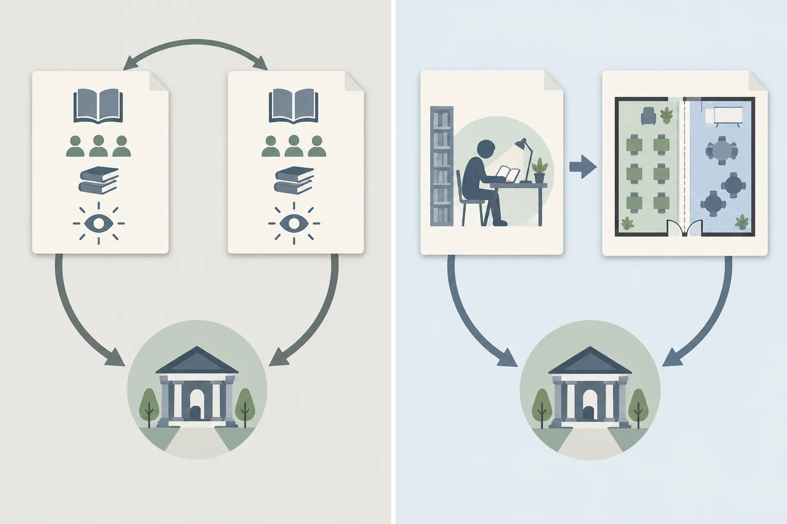 Comparação entre um caminho circular, com duas razões parecidas, e um caminho progressivo, com duas razões que abordam necessidade de silêncio e convivência na biblioteca.