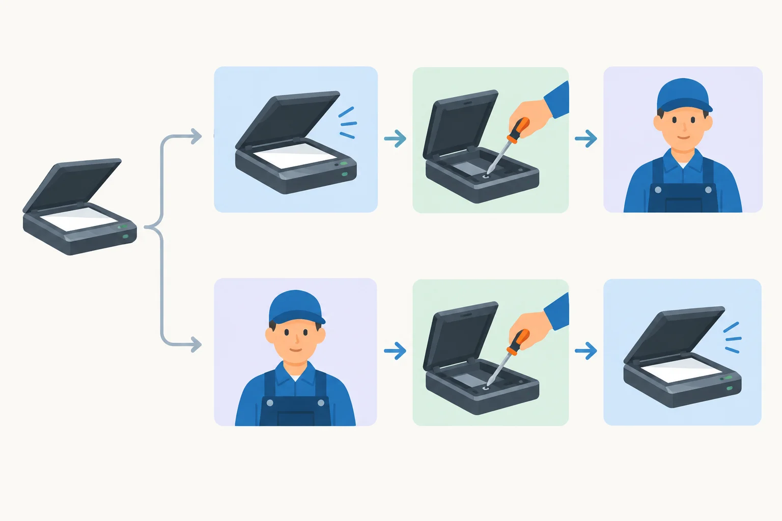 Diagrama com um scanner e técnicos ocupando alternadamente a primeira posição em duas representações do mesmo reparo.