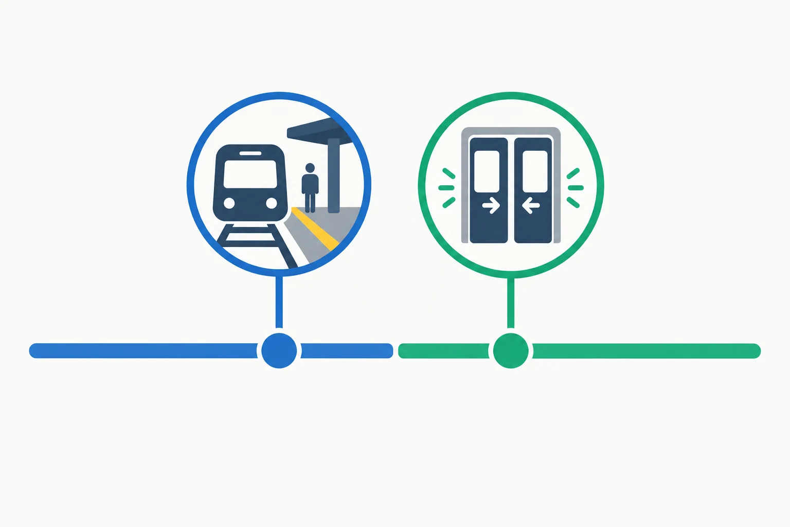 Linha do tempo com a chegada de um trem primeiro e o fechamento das portas quase imediatamente depois.