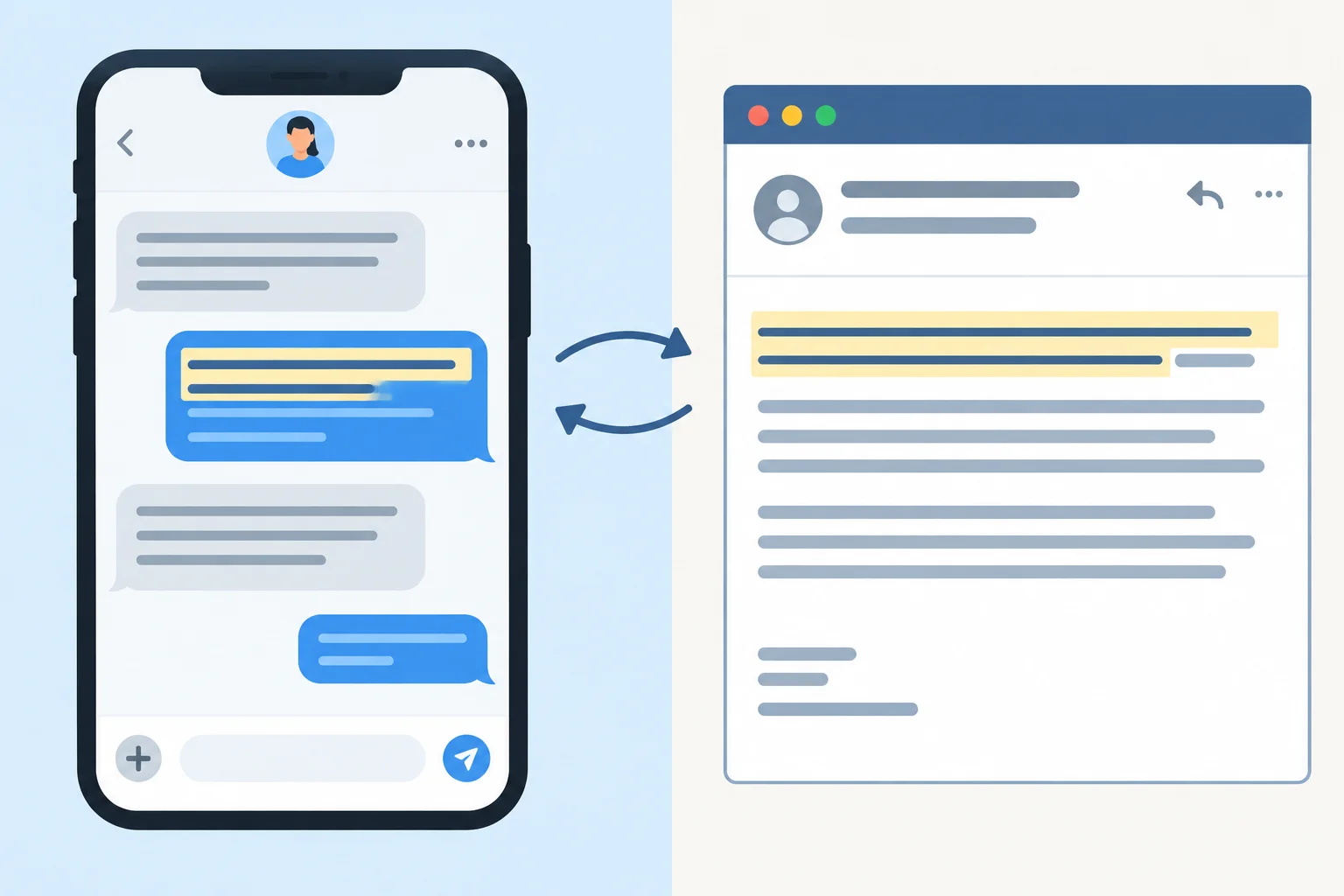 Comparação visual entre uma mensagem casual no celular e um e-mail formal, ambos com uma condição seguida de uma ação.