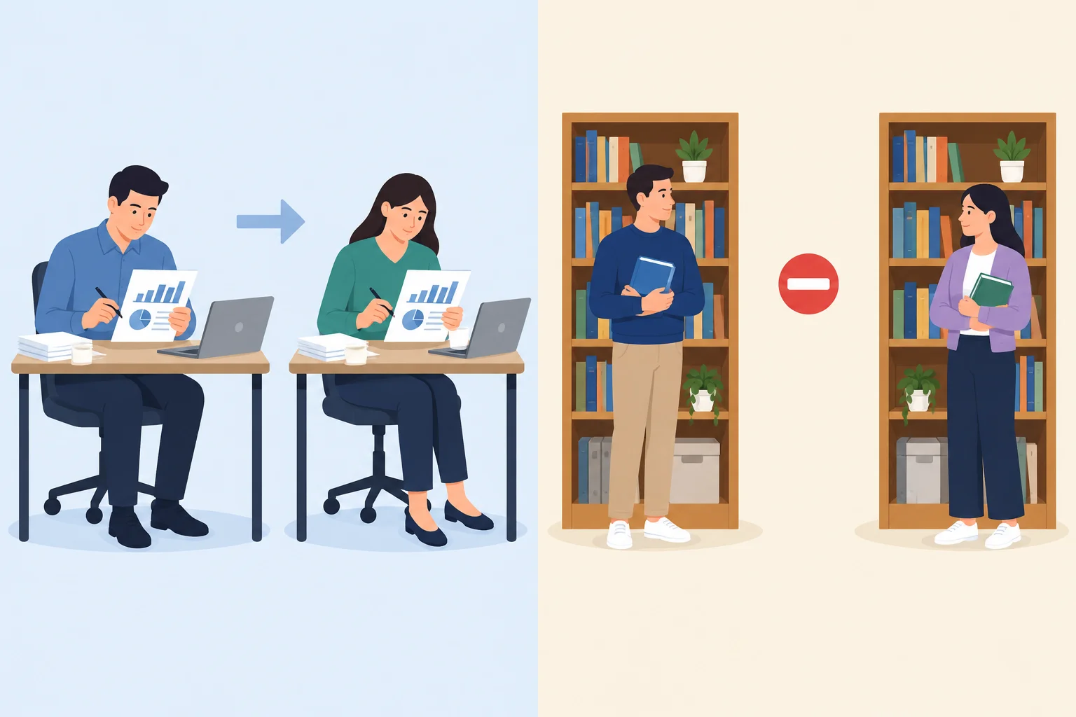 Comparação entre duas pessoas realizando a mesma tarefa de revisar documentos e duas pessoas em uma situação estática.
