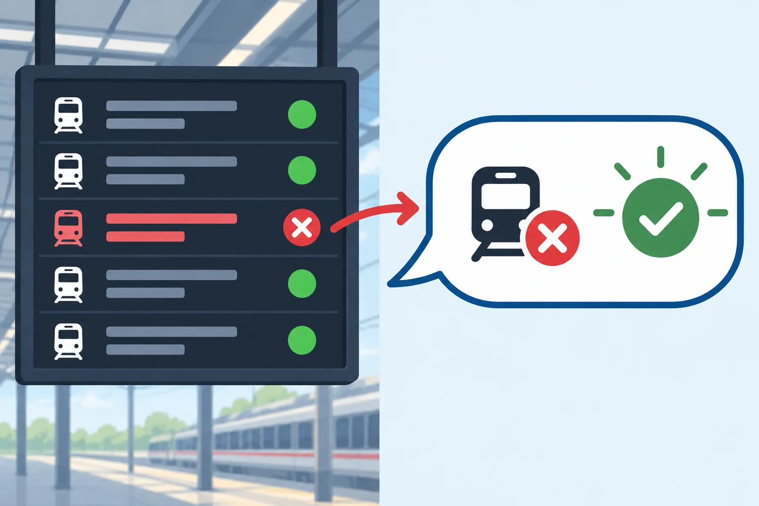 Diagrama mostrando uma pergunta sobre o cancelamento de um trem e uma resposta curta que confirma esse cancelamento.