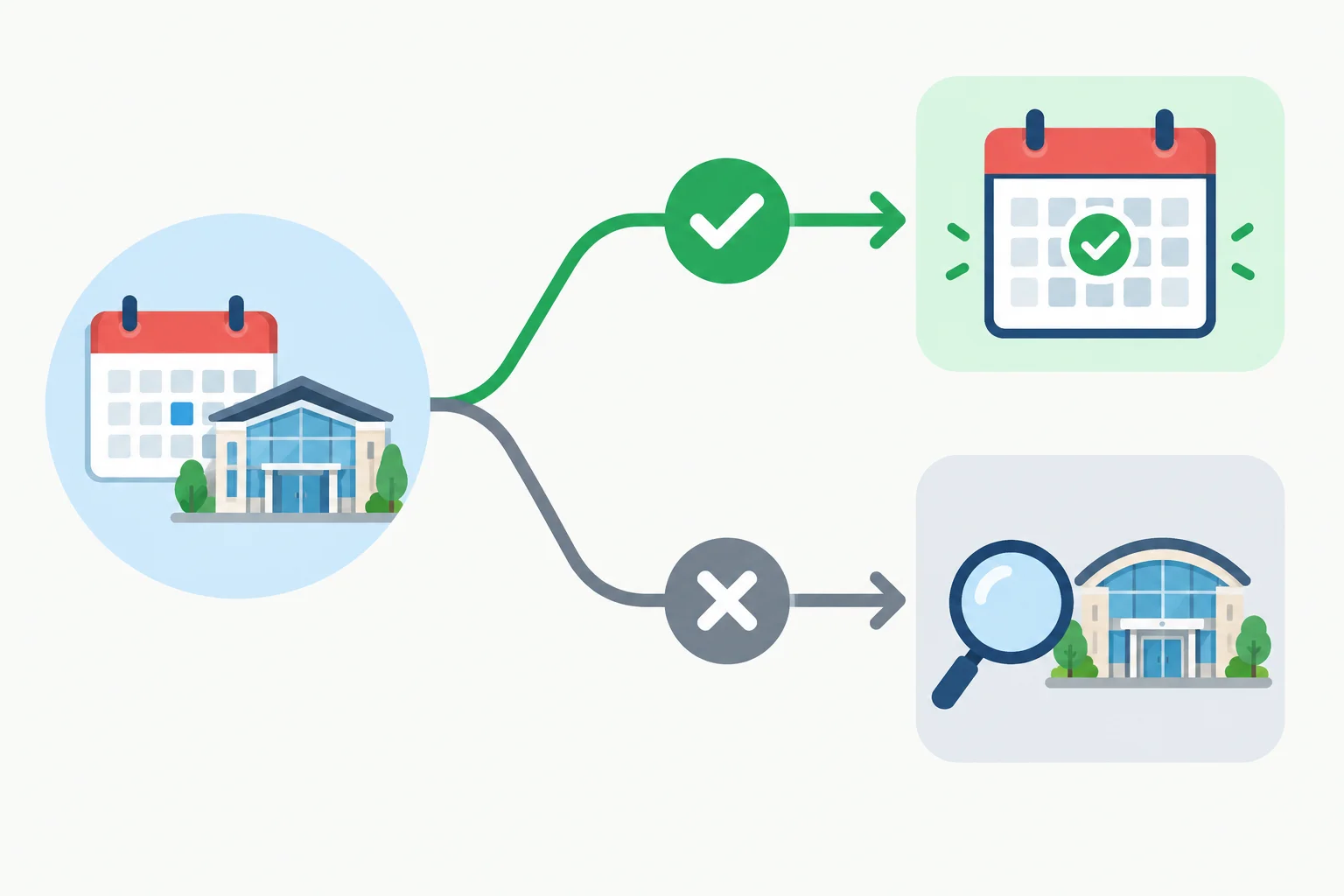 Diagrama com uma possibilidade central que se divide em um caminho positivo de confirmação e um caminho negativo de plano alternativo.