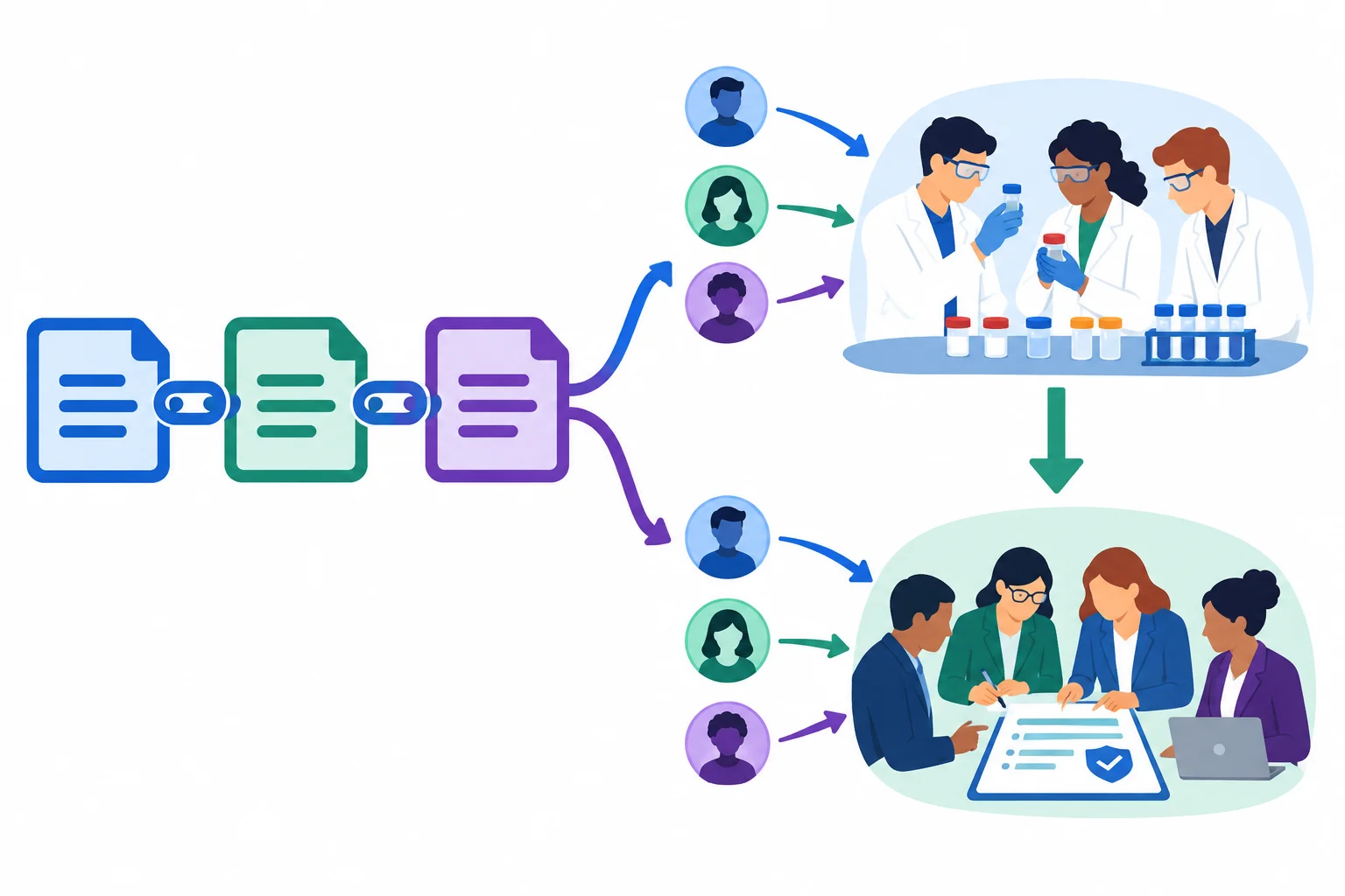 Esquema que transforma uma cadeia de nomes em duas ações ligadas: pesquisadores analisam amostras, e uma agência revisa diretrizes.