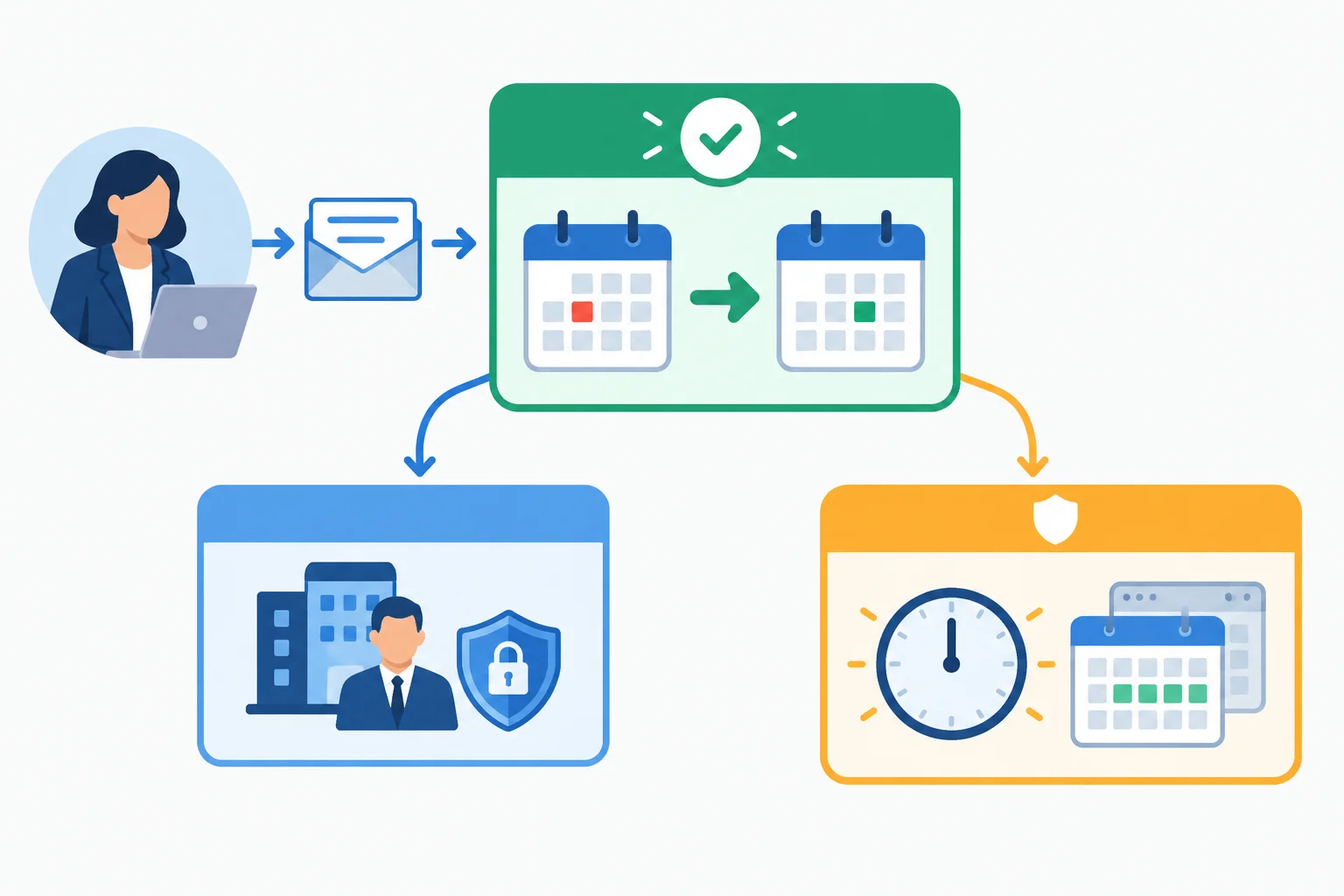 Diagrama de uma mensagem de mudança de programação: a confirmação da nova data aparece como ação central, ligada ao motivo de segurança e ao prazo com alternativa de manter a janela atual.