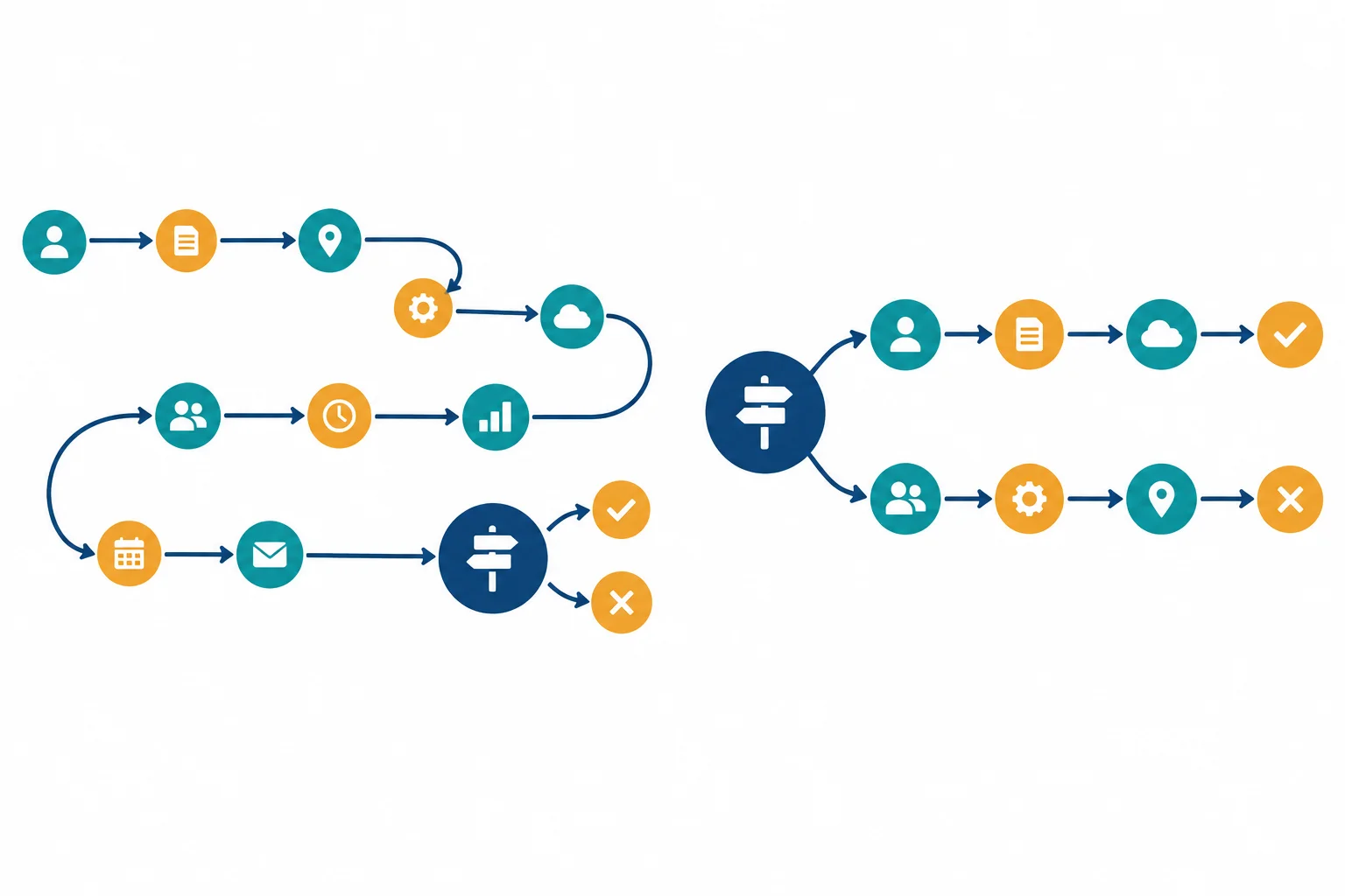 Diagrama comparando um percurso em que a decisão aparece tarde com outro em que ela aparece cedo e é seguida de contexto e condição.