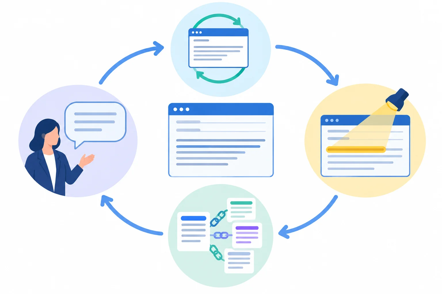 Diagrama de uma mensagem passando por quatro verificações: continuidade, foco, recuperabilidade e registro.
