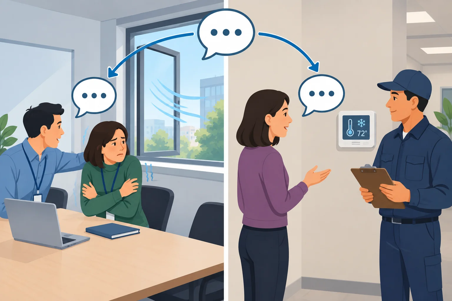 Comparação visual entre a mesma observação sobre uma sala fria em uma conversa de trabalho e em um relato para manutenção.