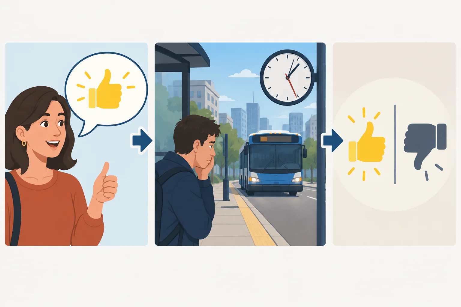 Esquema visual ligando uma fala aparentemente positiva, uma espera longa por ônibus e uma avaliação negativa sugerida.