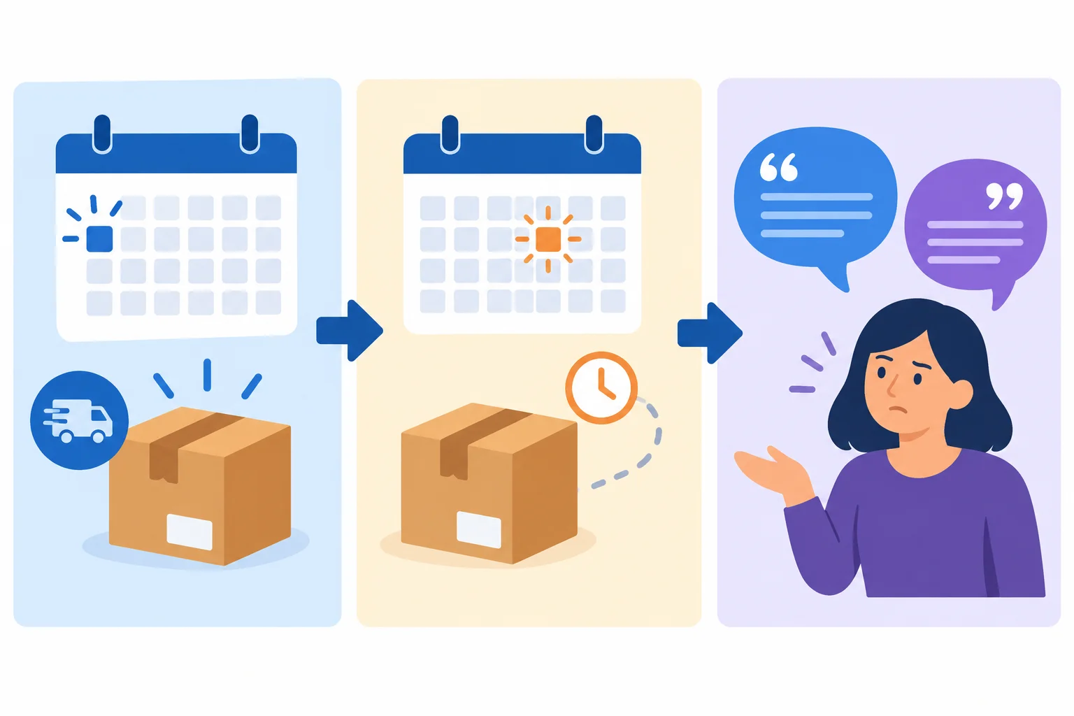 Diagrama em três etapas: expectativa de entrega, atraso observado e comentário que retoma a promessa.