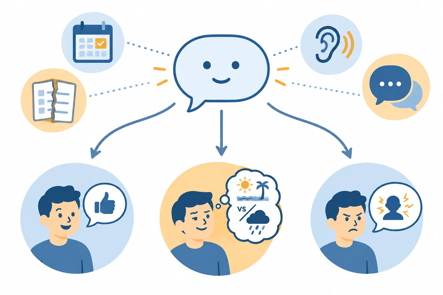 Diagrama mostrando uma fala no centro e três leituras possíveis, apoiadas por pistas de contexto, voz e continuação da conversa.