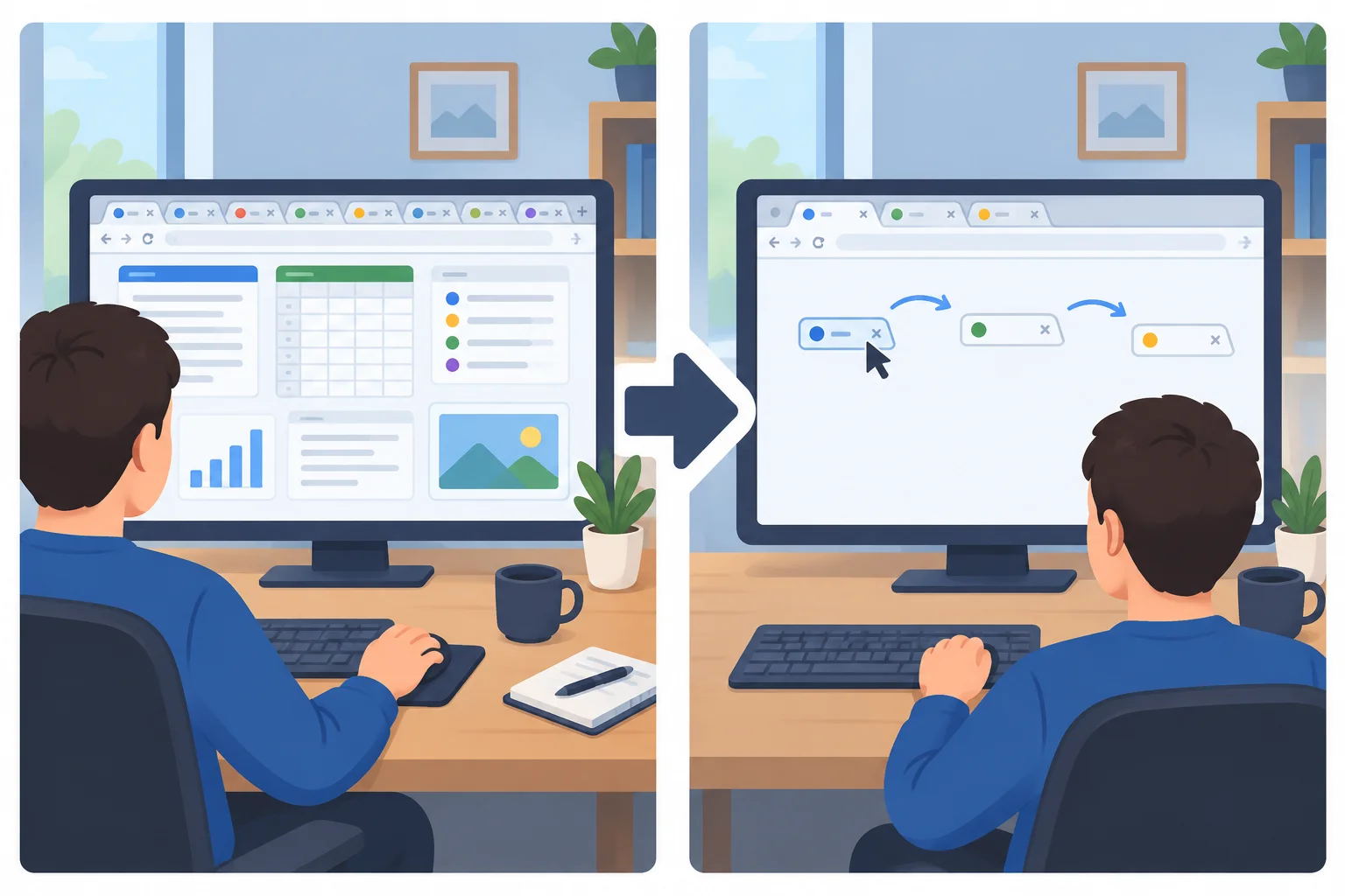 Comparação entre a expectativa de muito trabalho no computador e a revelação de que apenas três abas foram movidas de lugar.