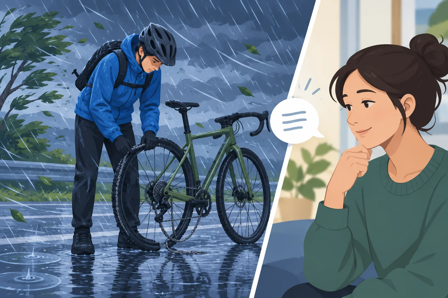 Uma pessoa totalmente vestida ao lado de uma bicicleta com problema em meio a chuva forte; a reação visual é calma e discreta.
