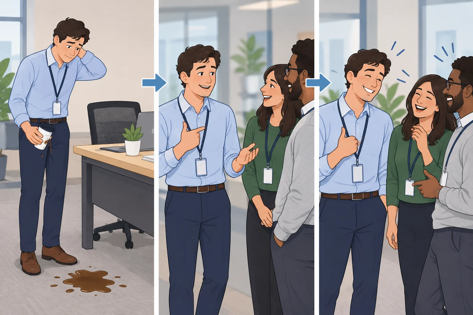 Esquema visual de um deslize com café, um comentário brincalhão sobre si mesmo e uma reação acolhedora de colegas.