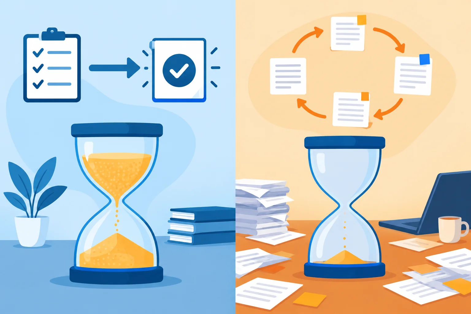 Comparação visual entre um caminho direto que preserva tempo e um ciclo de atividades sem resultado que consome tempo.