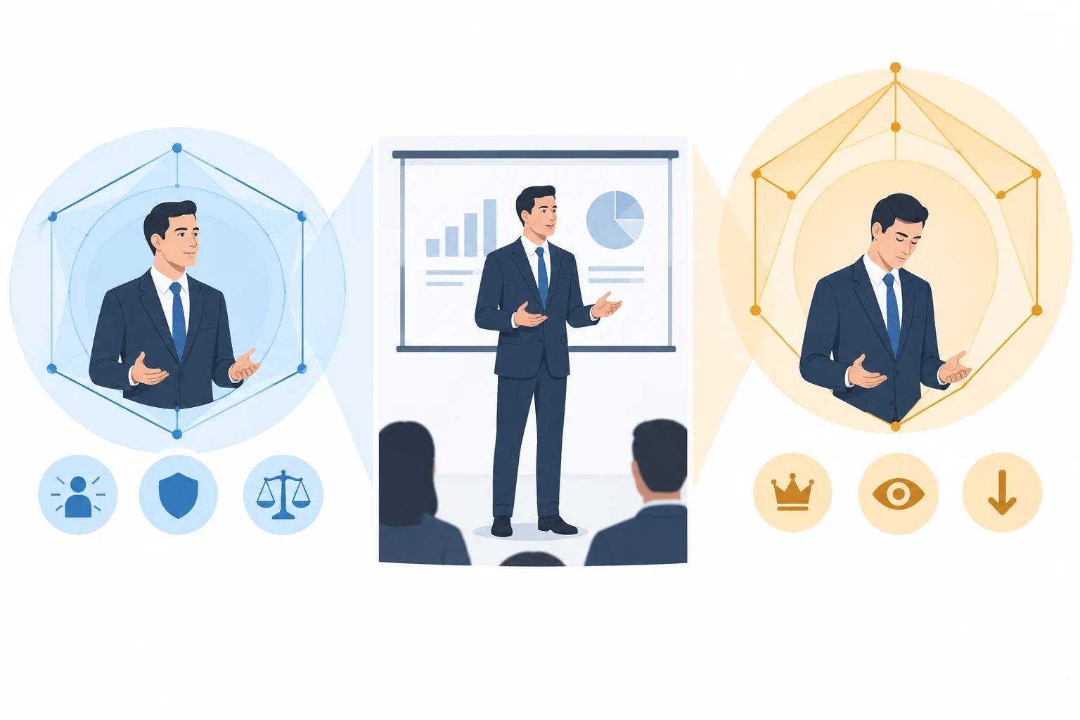 Diagrama mostrando uma pessoa fazendo uma apresentação no centro e duas interpretações visuais distintas ao redor: segurança equilibrada e superioridade percebida.
