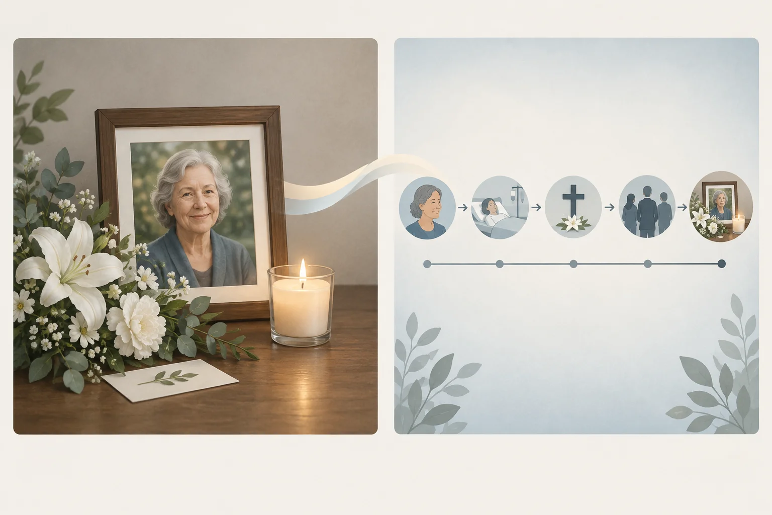 Dois painéis mostram o mesmo falecimento: um memorial delicado e uma linha do tempo neutra, ligados para indicar que a forma de dizer muda, mas o fato permanece.