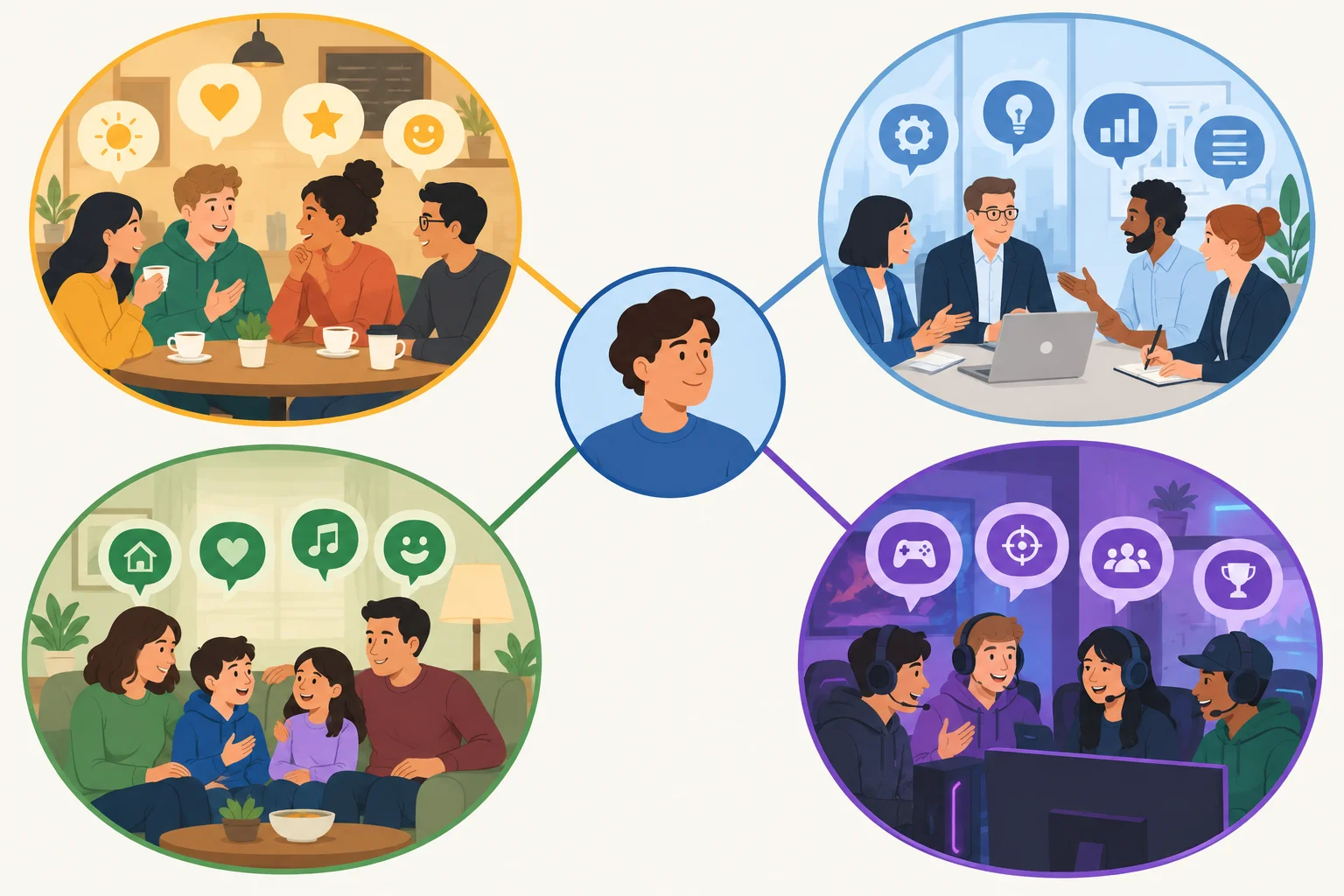 Diagrama de uma pessoa conectada a redes de amizades, trabalho, família e jogos, com balões de fala diferentes em cada contexto.