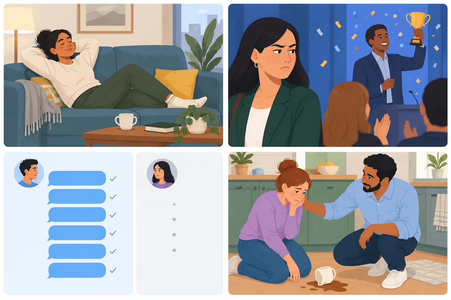 Ilustração em quatro painéis: descanso tranquilo, irritação após outra pessoa ganhar algo, contato interrompido em uma conversa e tranquilização após um pequeno acidente.