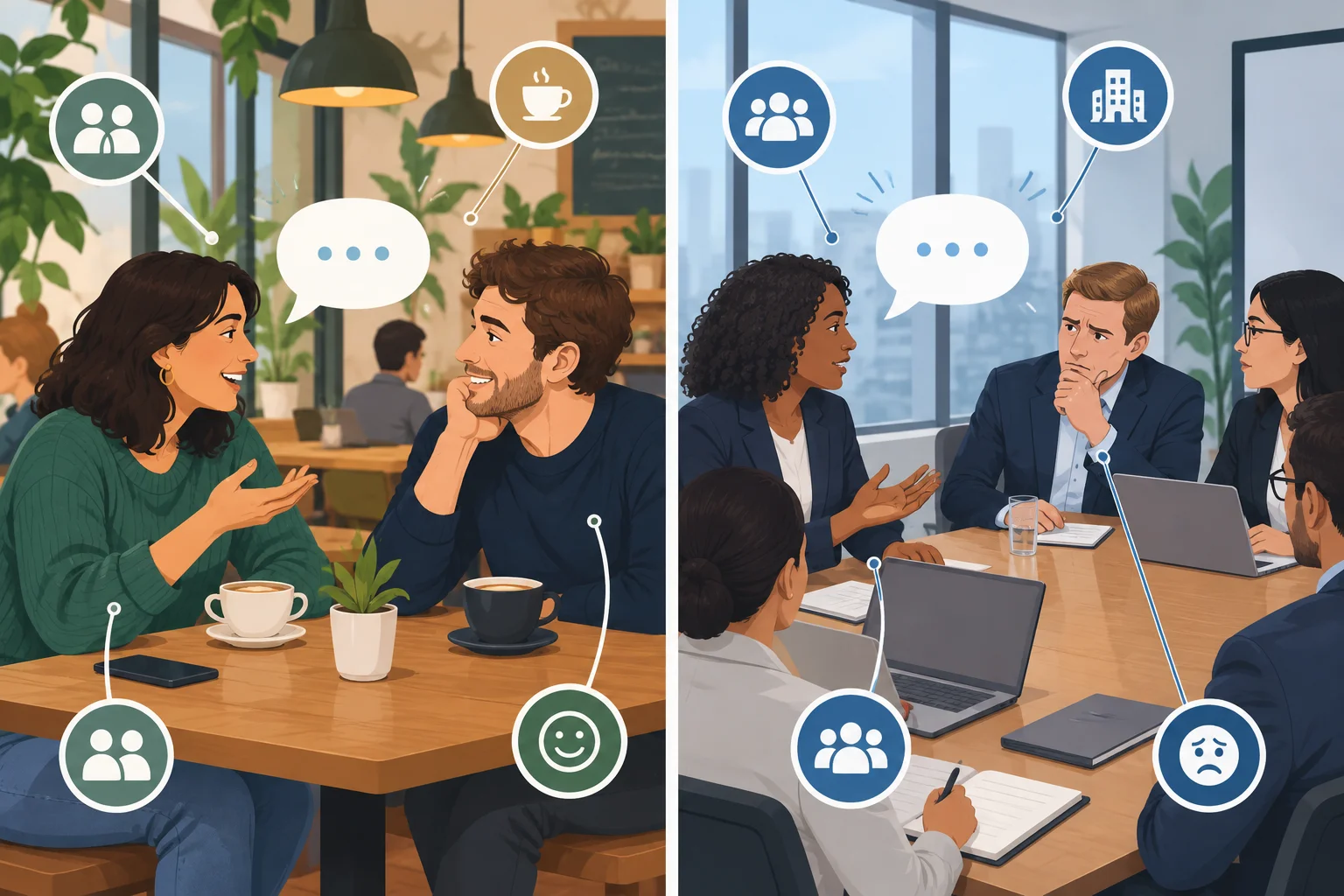 Comparação visual entre uma conversa privada entre amigos e uma reunião de equipe, mostrando que relação e ambiente alteram o efeito possível de uma expressão.
