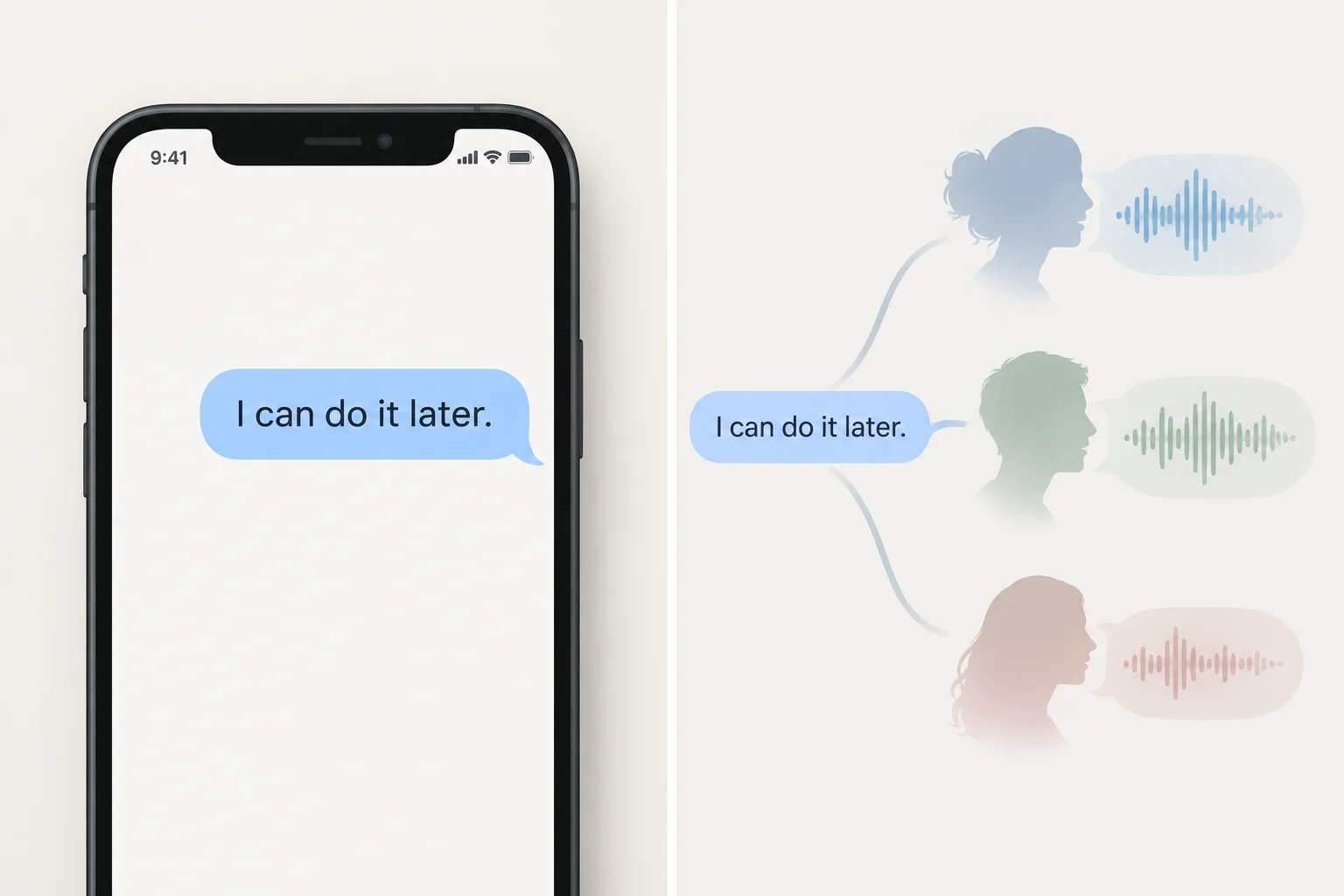 A mesma mensagem em um celular ligada visualmente a três padrões de voz possíveis.