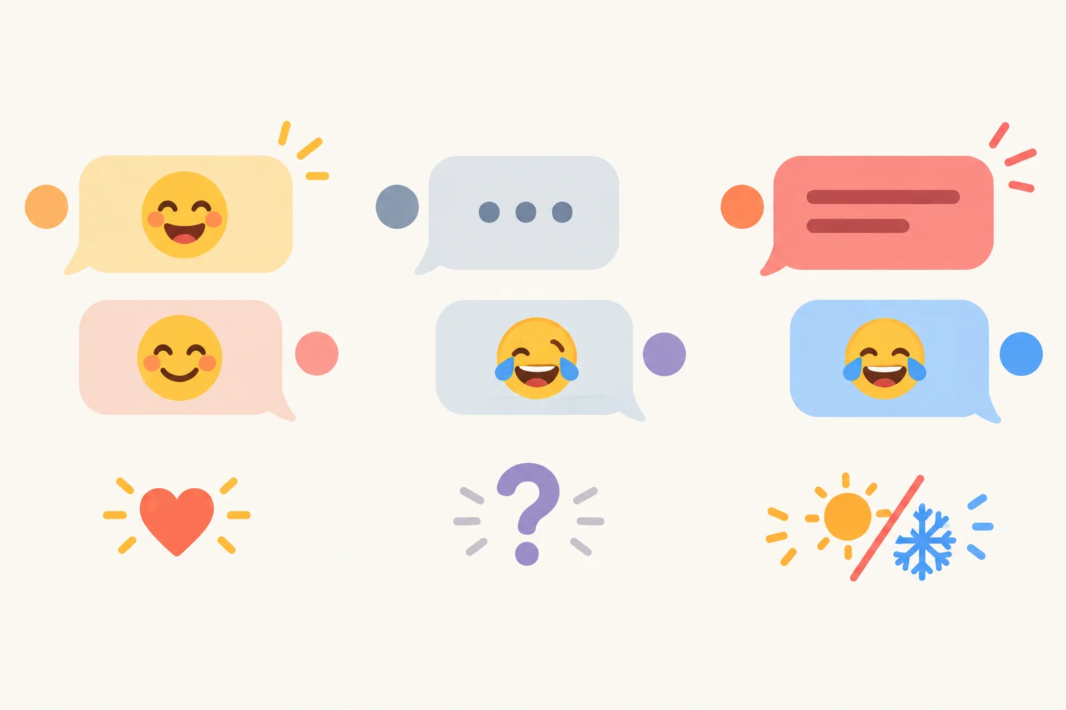 Diagrama com três pares de mensagens estilizadas: uma com sinais convergentes de proximidade, uma ambígua e outra com contraste entre mensagem curta e emoji sorridente.