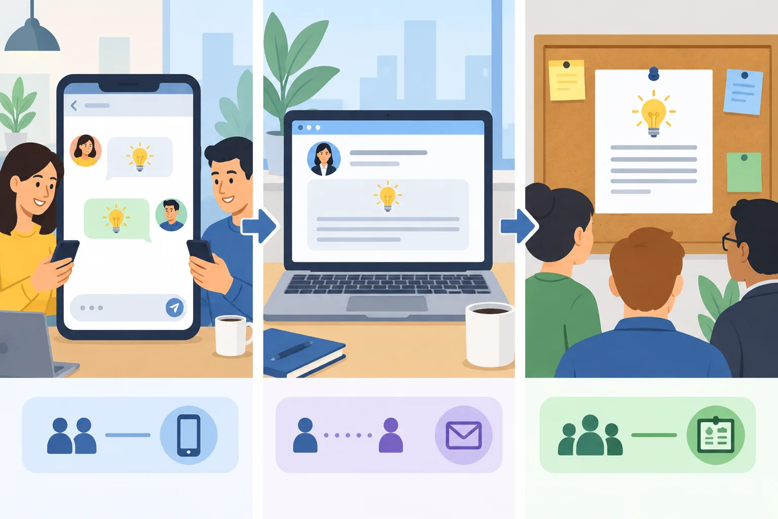 Diagrama com a mesma finalidade comunicativa em conversa informal, e-mail mais cuidadoso e aviso de equipe.