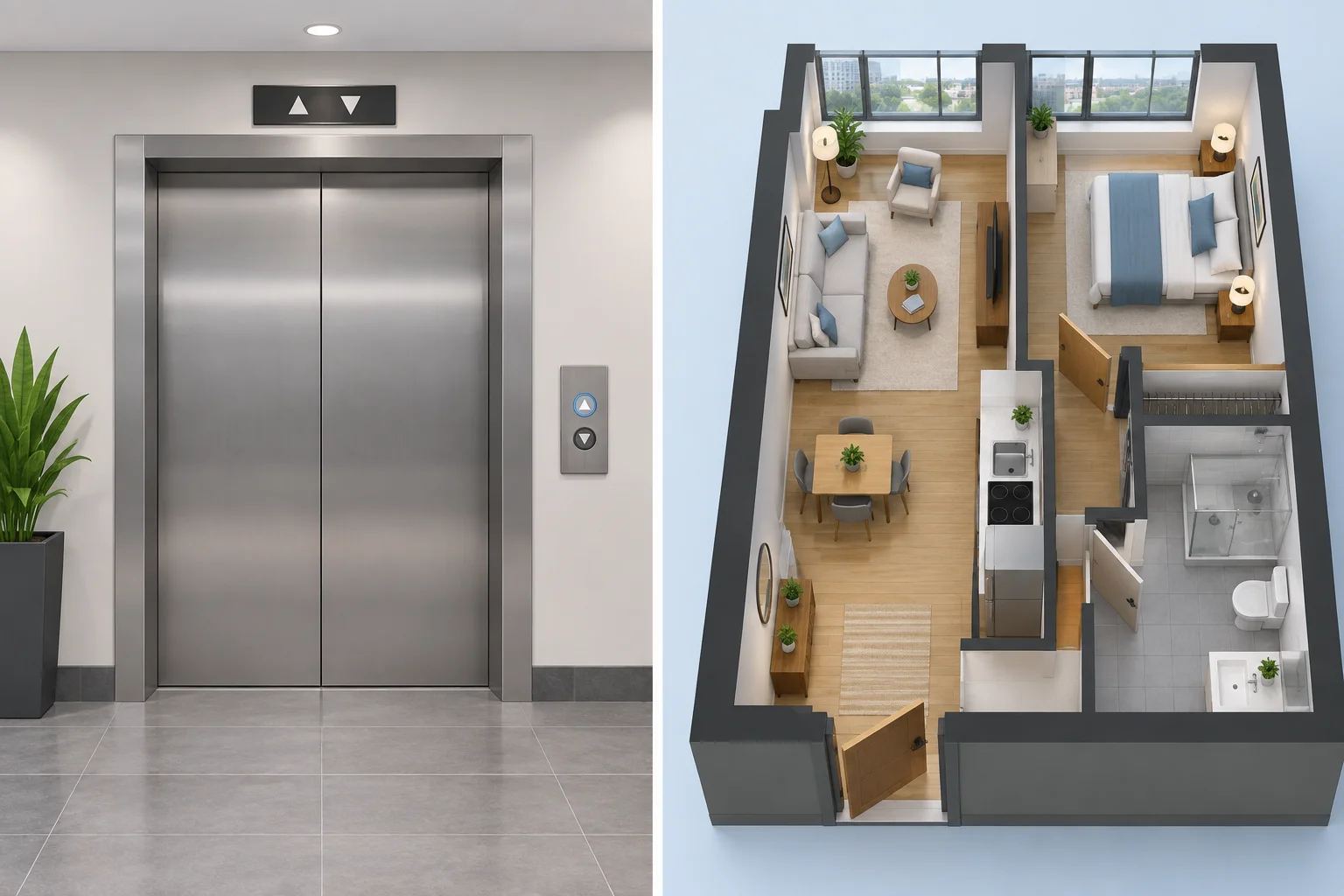 À esquerda, portas de um elevador em um prédio; à direita, o interior de uma unidade residencial.