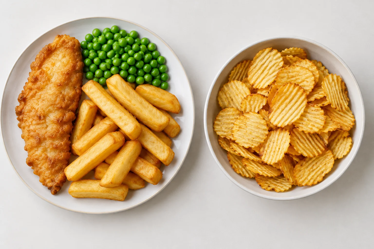 Comparação entre batatas em palitos espessos servidas com peixe e ervilhas e fatias finas e crocantes de batata.