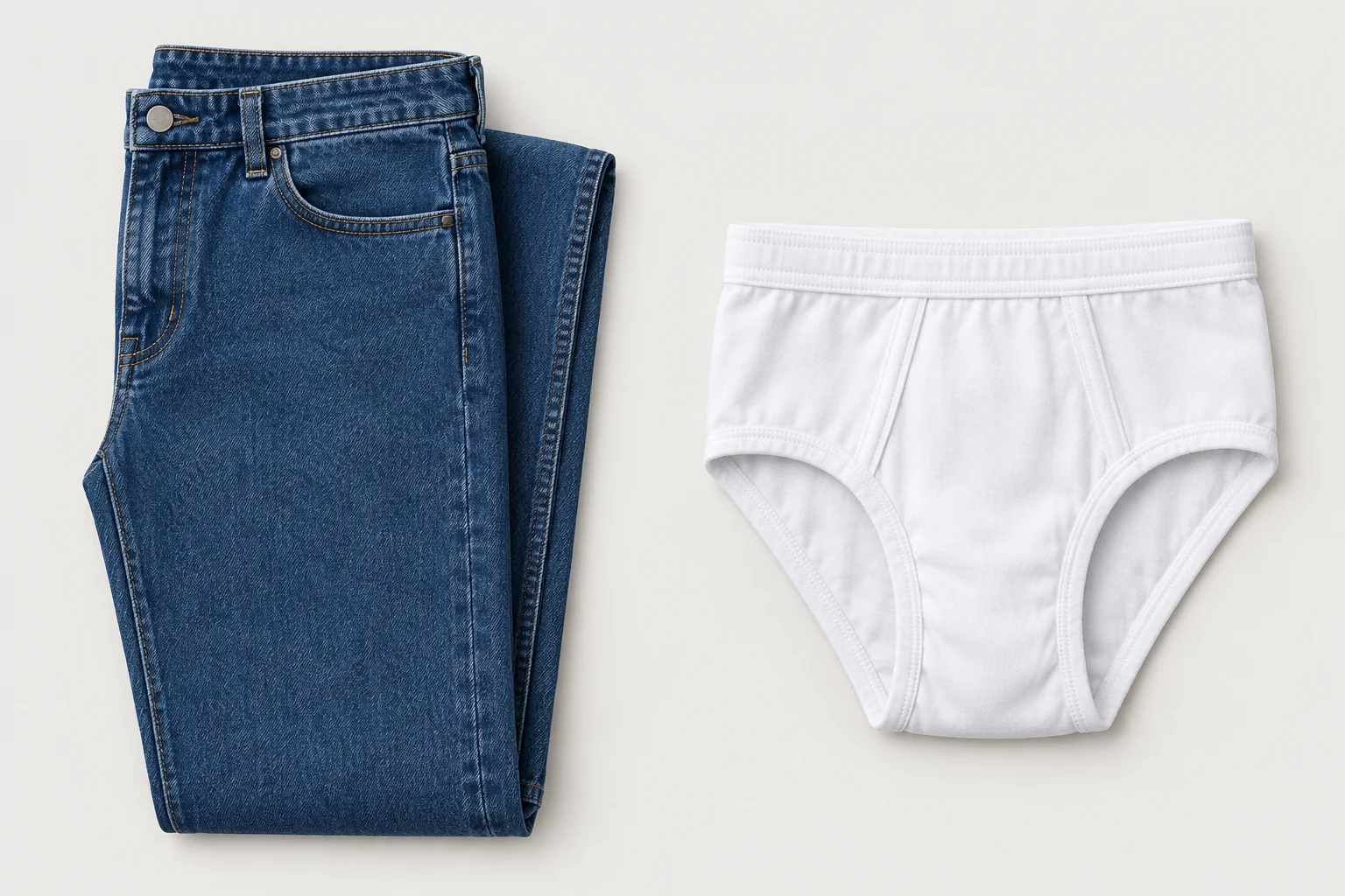 Comparação entre uma calça comprida de jeans e uma peça de roupa íntima.