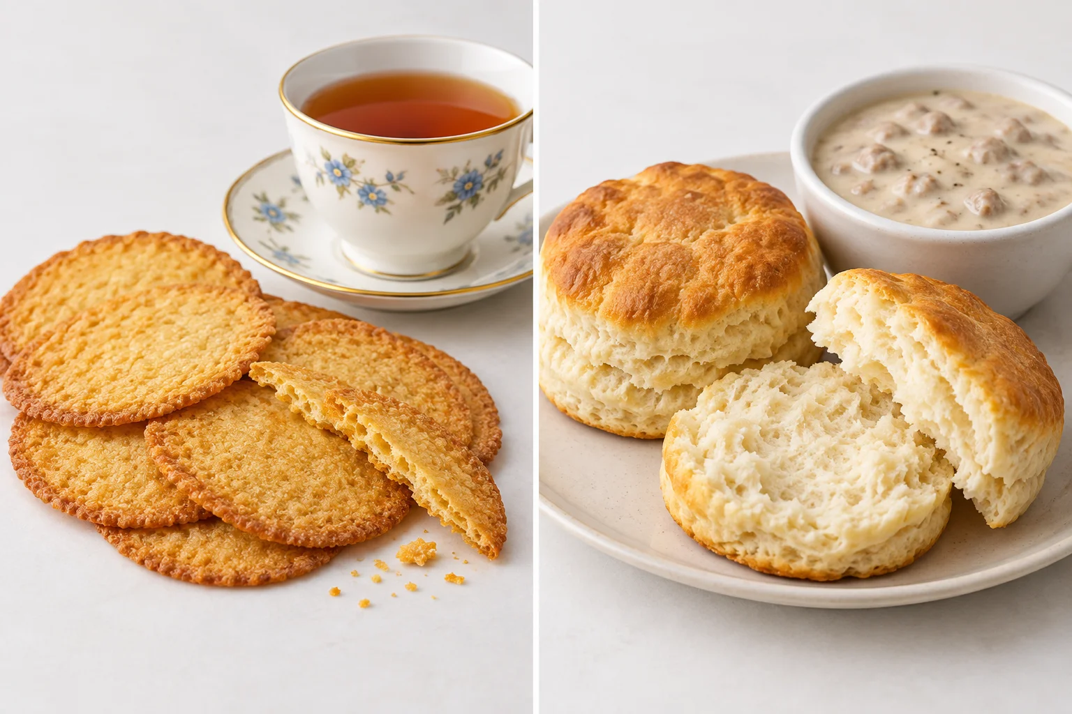 Comparação entre biscoitos doces e crocantes e pãezinhos macios servidos quentes.