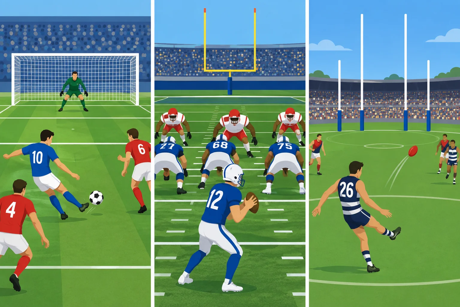 Comparação entre uma partida de futebol de associação, uma de futebol americano e uma de futebol de regras australianas, destacando equipamentos, campos e estruturas de gol diferentes.