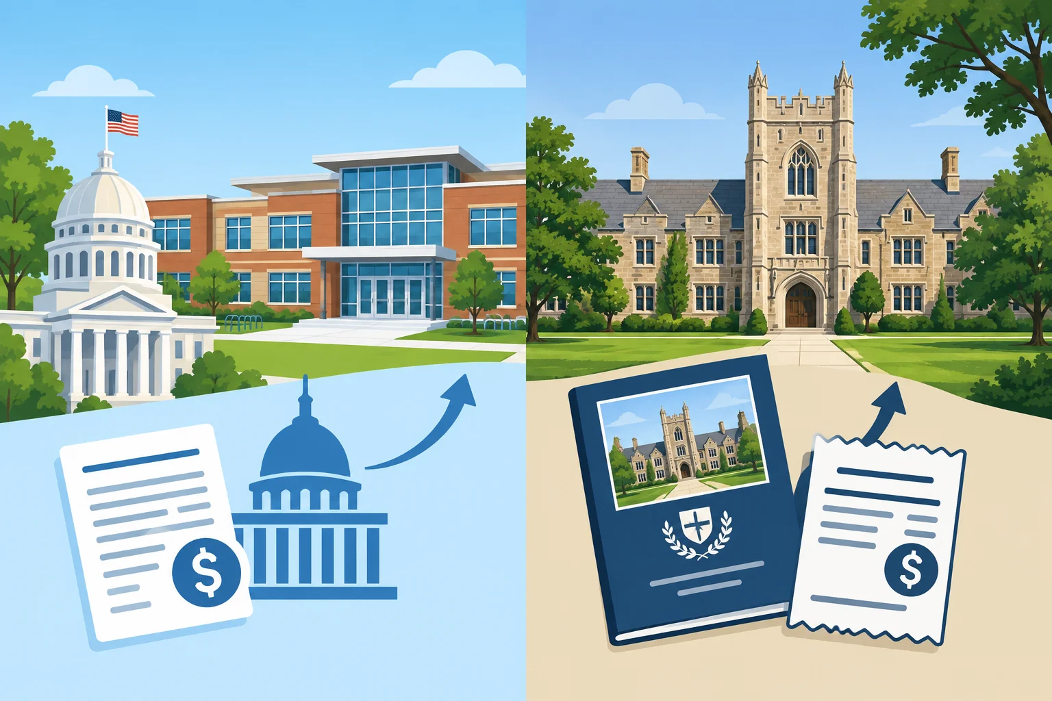 Comparação entre uma escola financiada publicamente e uma escola independente tradicional com mensalidade.
