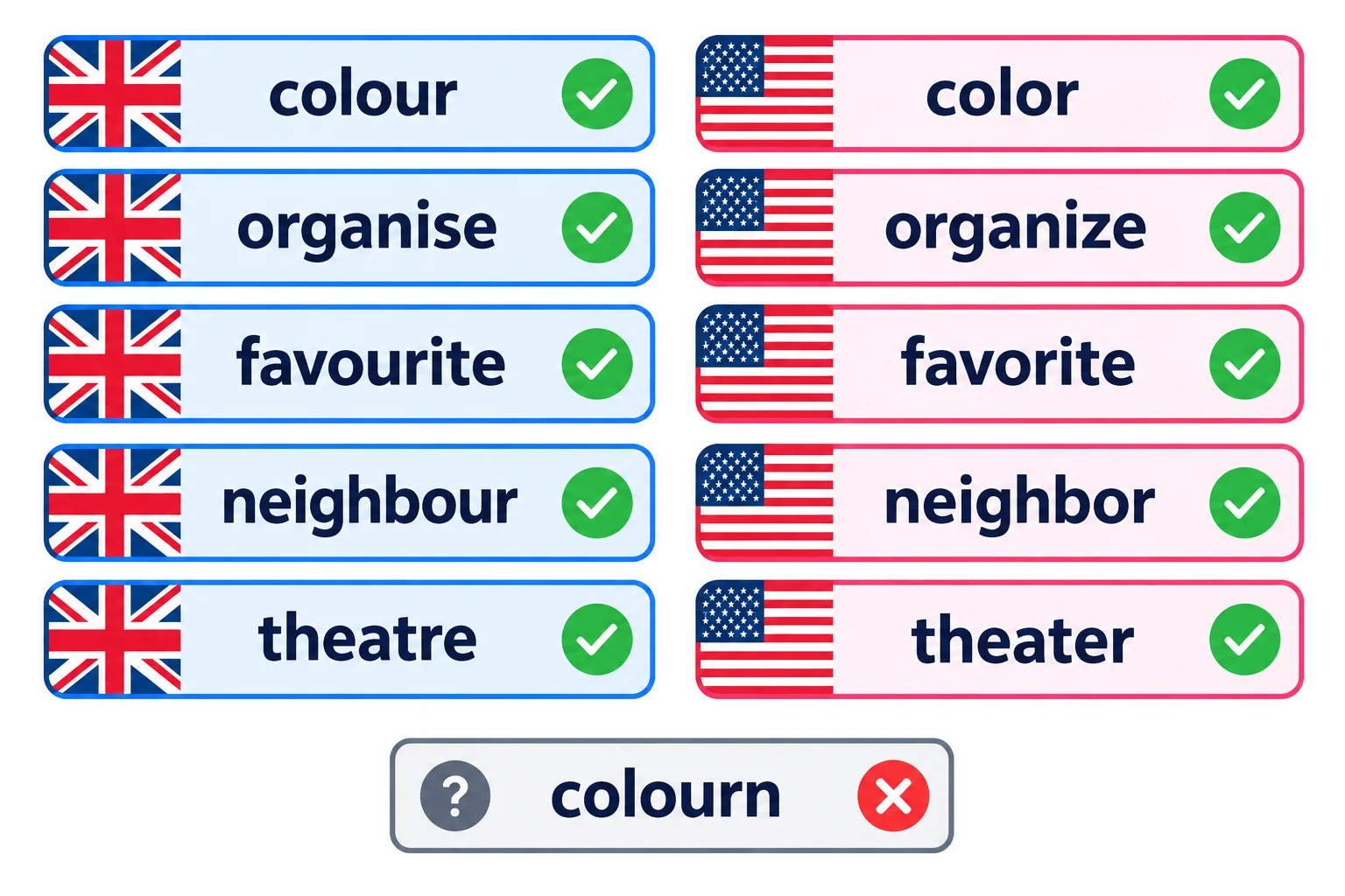 Diagrama comparando duas colunas de grafias válidas de convenções diferentes e uma grafia incorreta.