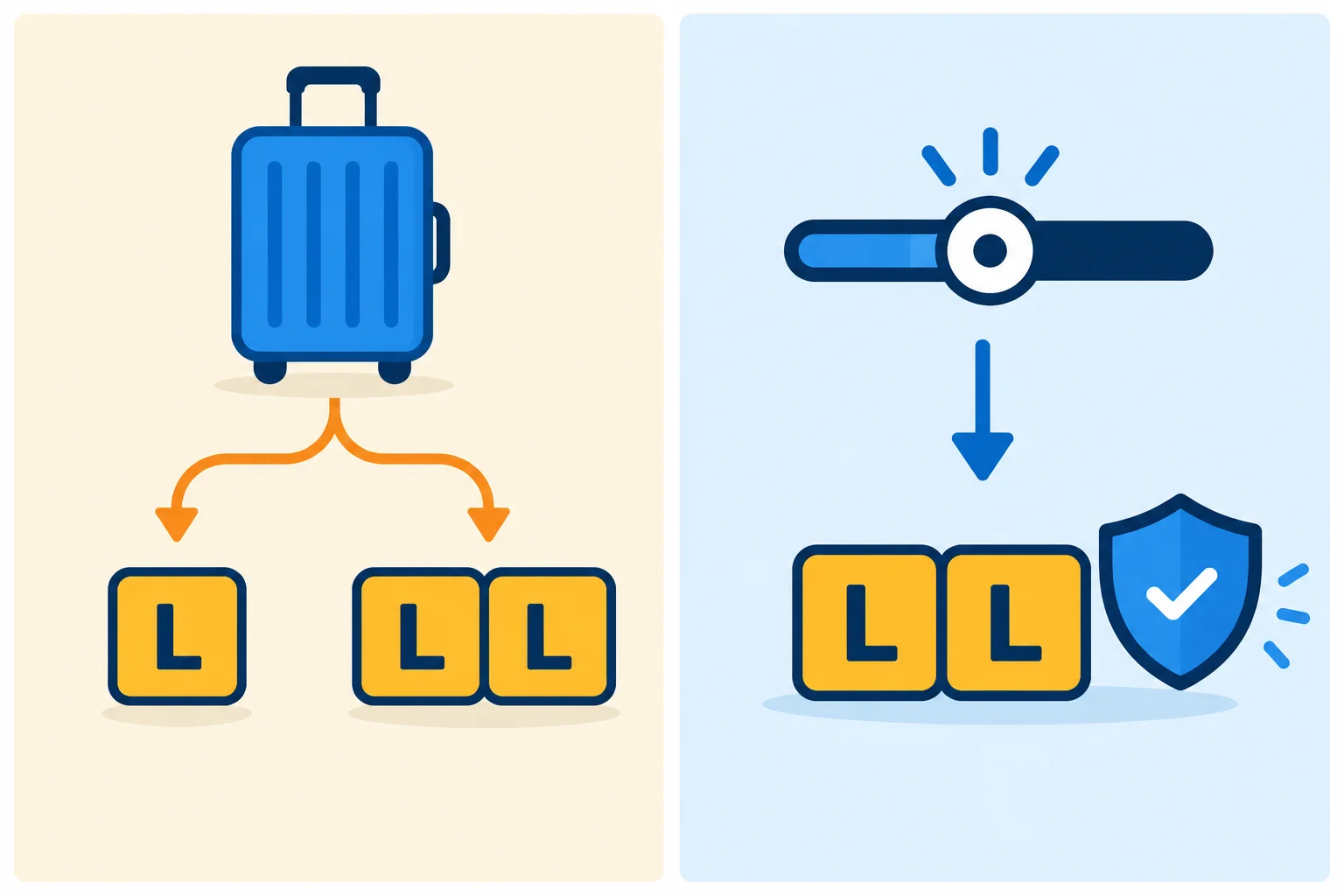 Comparação visual entre a família travel, que tem duas séries convencionais, e controlled, cuja duplicação de L é compartilhada.