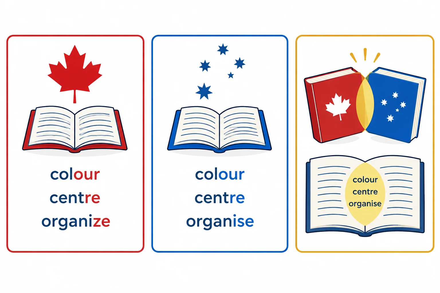 Quadro comparativo mostrando que Canadá e Austrália compartilham colour e centre, mas diferem no exemplo organize/organise.