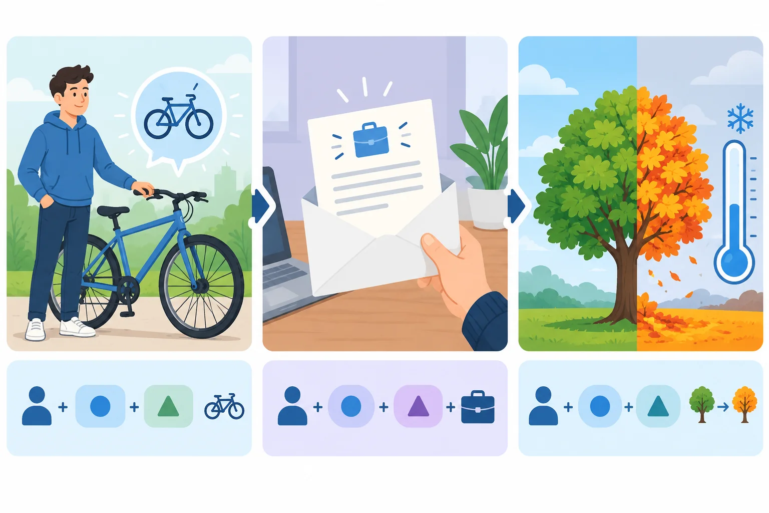 Diagrama com três sentidos: posse de uma bicicleta, obtenção de uma vaga e mudança para um clima mais frio.