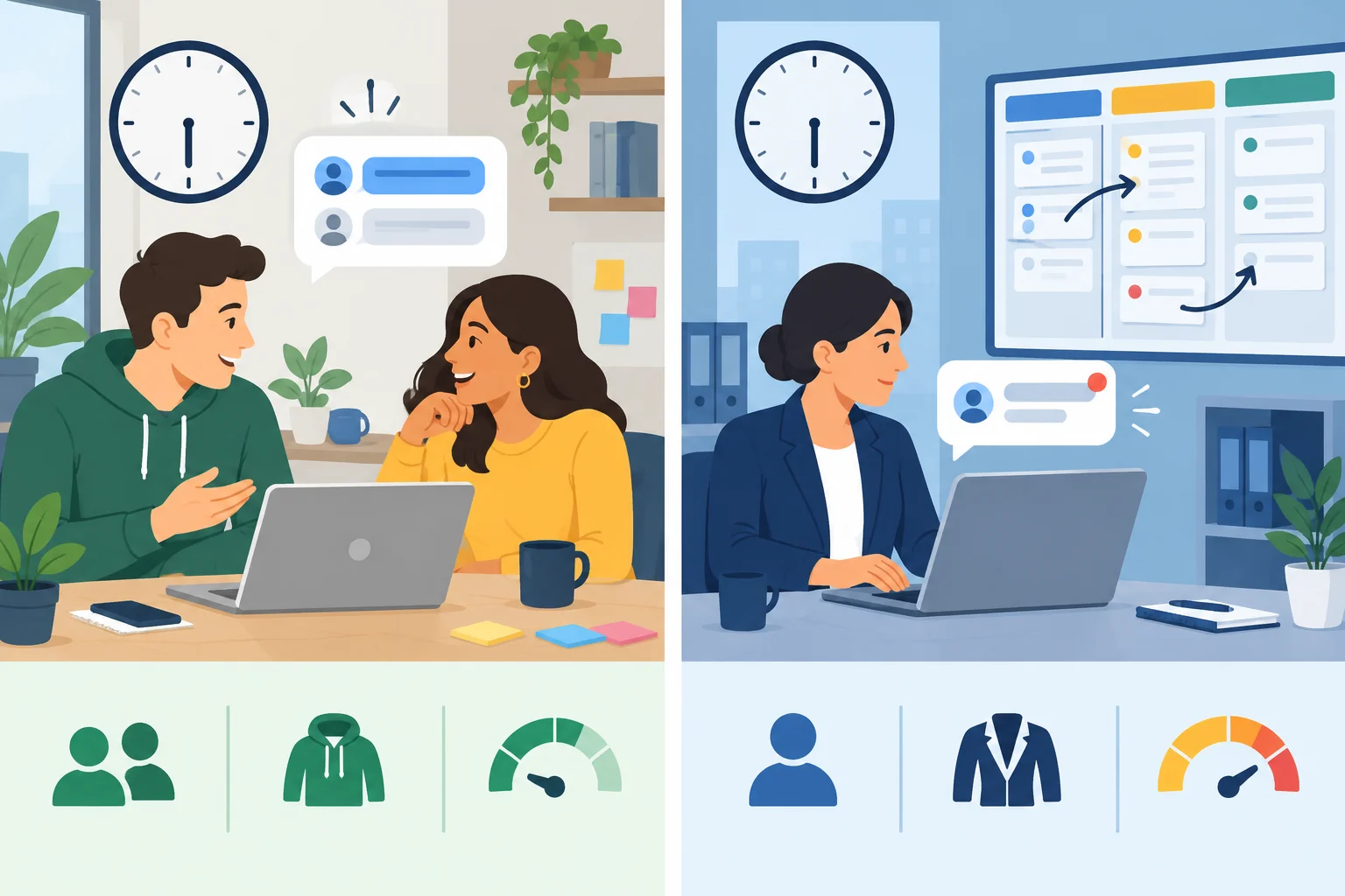 Comparação visual entre uma conversa com colaboradora próxima e uma conversa com coordenador menos familiar; em ambas, um relógio marca seis horas.