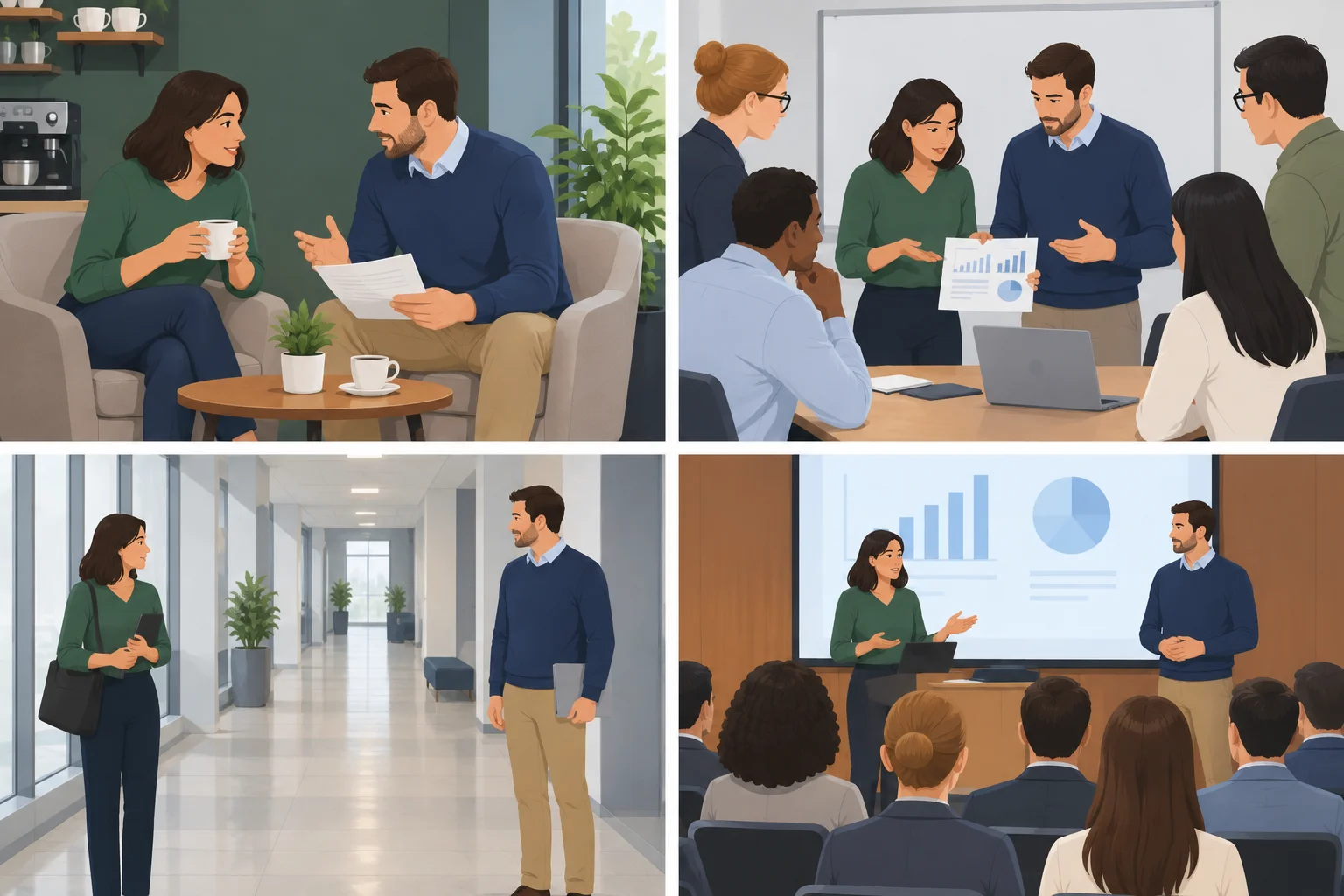 Ilustração em quatro cenas que cruza proximidade entre participantes e presença ou ausência de outras pessoas.
