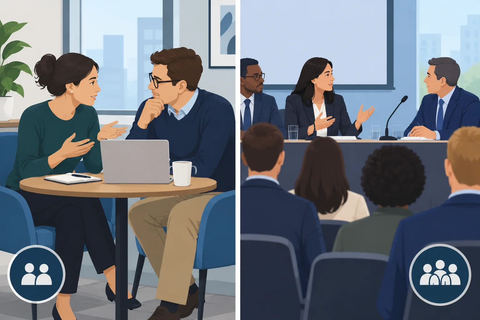Comparação entre uma conversa privada entre duas pessoas próximas e uma discussão diante de várias pessoas.