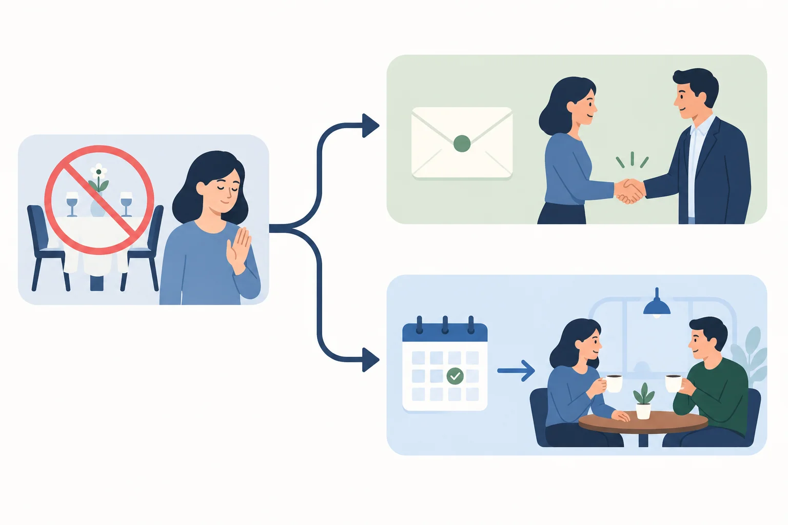 Diagrama com uma proposta recusada que se divide entre encerramento cordial e alternativa genuína separada.